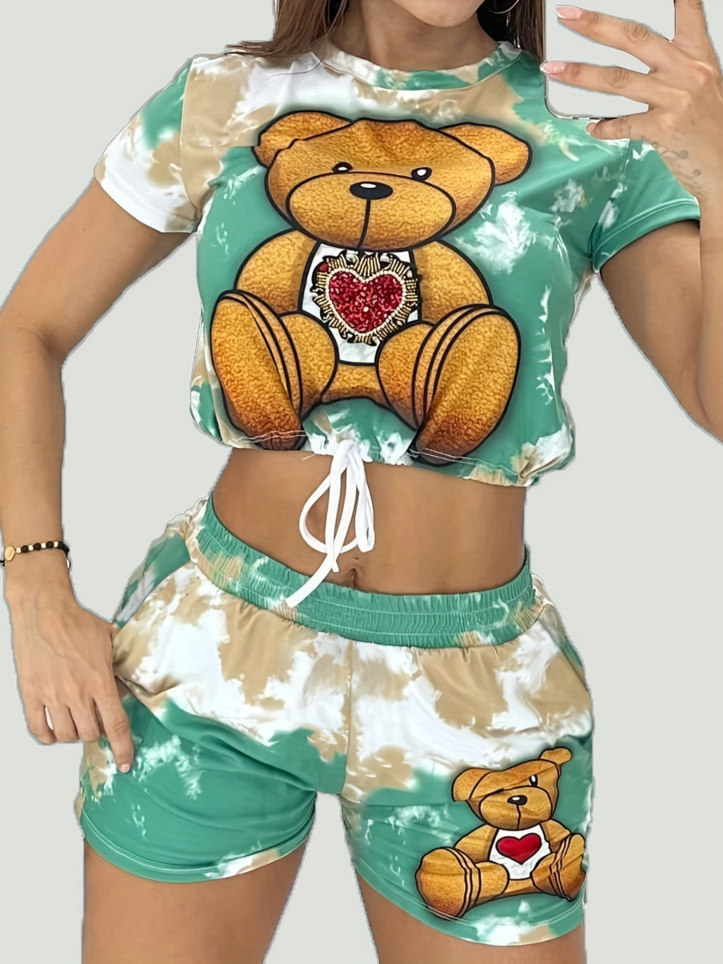 Cartoon Bear Print Two-piece Set, Drawstring Short Sleeve Tee & Elastic Waist Shorts Outfits, Women's Clothing