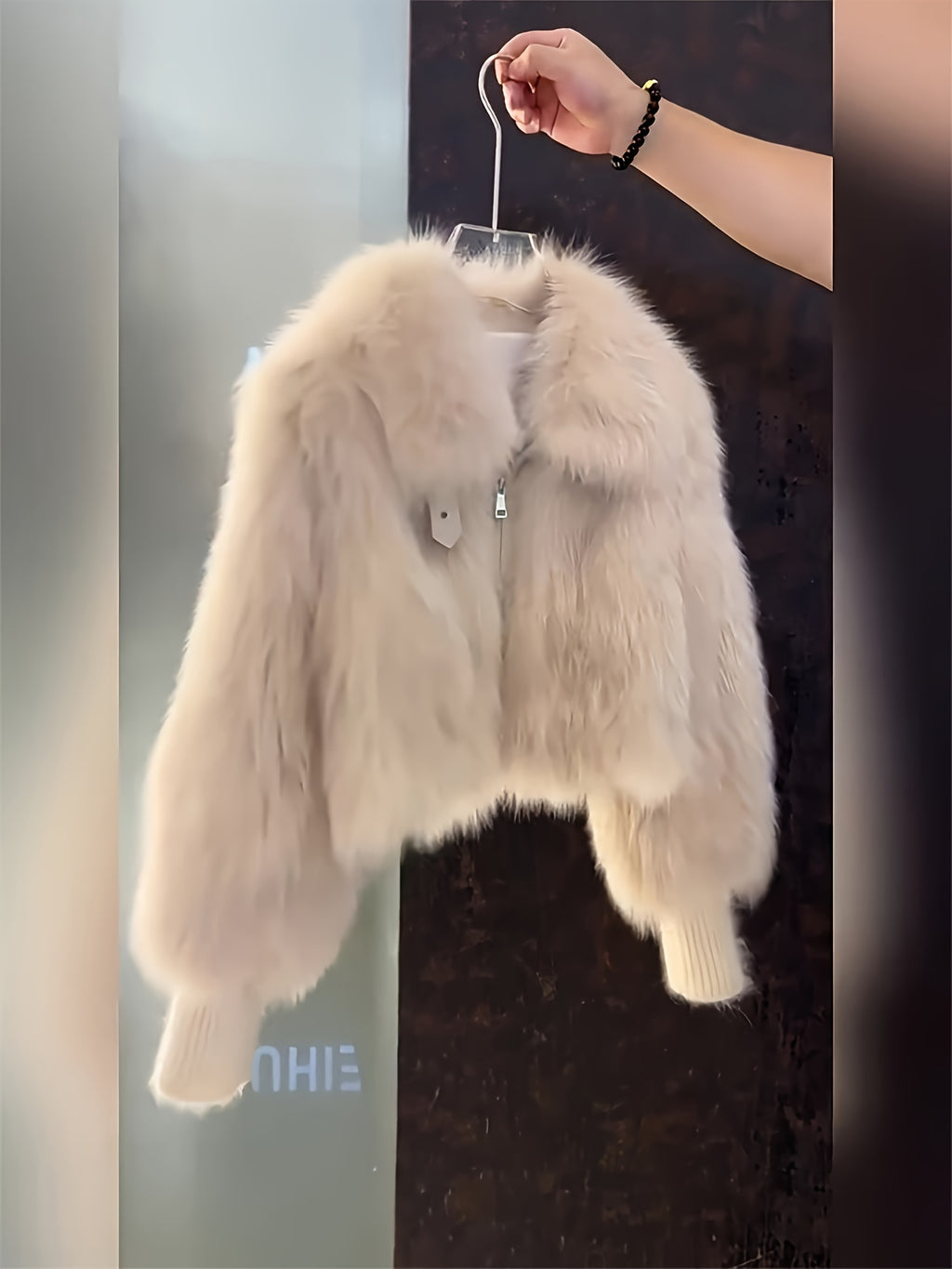 Women's Plush Faux-Fur Jacket with Hood-like Collar & - Winter Coat, Loose-Fit H-Line Silhouette, Single-Breasted Button Closure, White/Creamy Beige Fur Outerwear for Casual & Formal Events (No Belt, Hand Washable) - Luxe, Wi