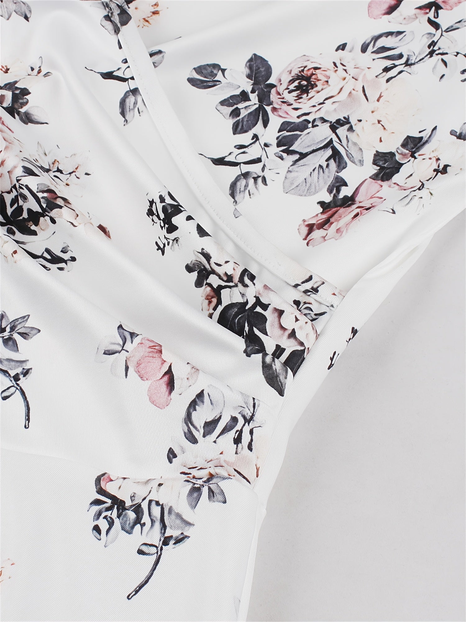 Print Knee-Length Dress - Stretchy Polyester, Machine Washable, White with Black & Pink Flowers, Ideal for Casual Parties, Comfortable Fashion|Sleeveless Dress|Glossy Texture, Plus Size Summer Dresses