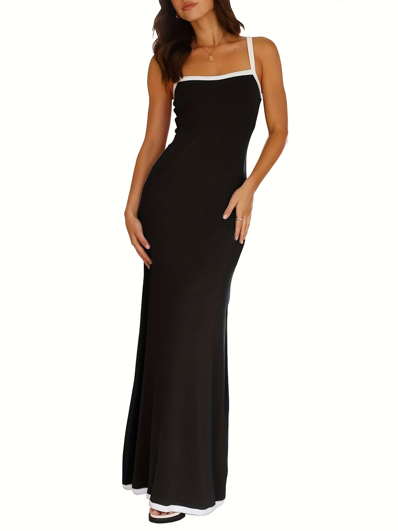 Womens Ribbed Knit Spaghetti Strap Maxi Dress Sexy Summer Dresses 2024 Sleeveless Contrast Beach Party Bodycon Dress