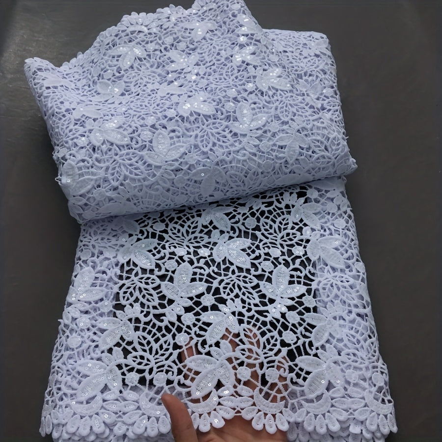 1pc 5 Yards White Guipure Cord Lace Fabric with Sequins - 100% Polyester French Water Soluble Lace, Floral Pattern Precut Fabric for Elegant Women's Dresses, Hand Wash Only, Wedding Attire | Sophisticated Style | Texture