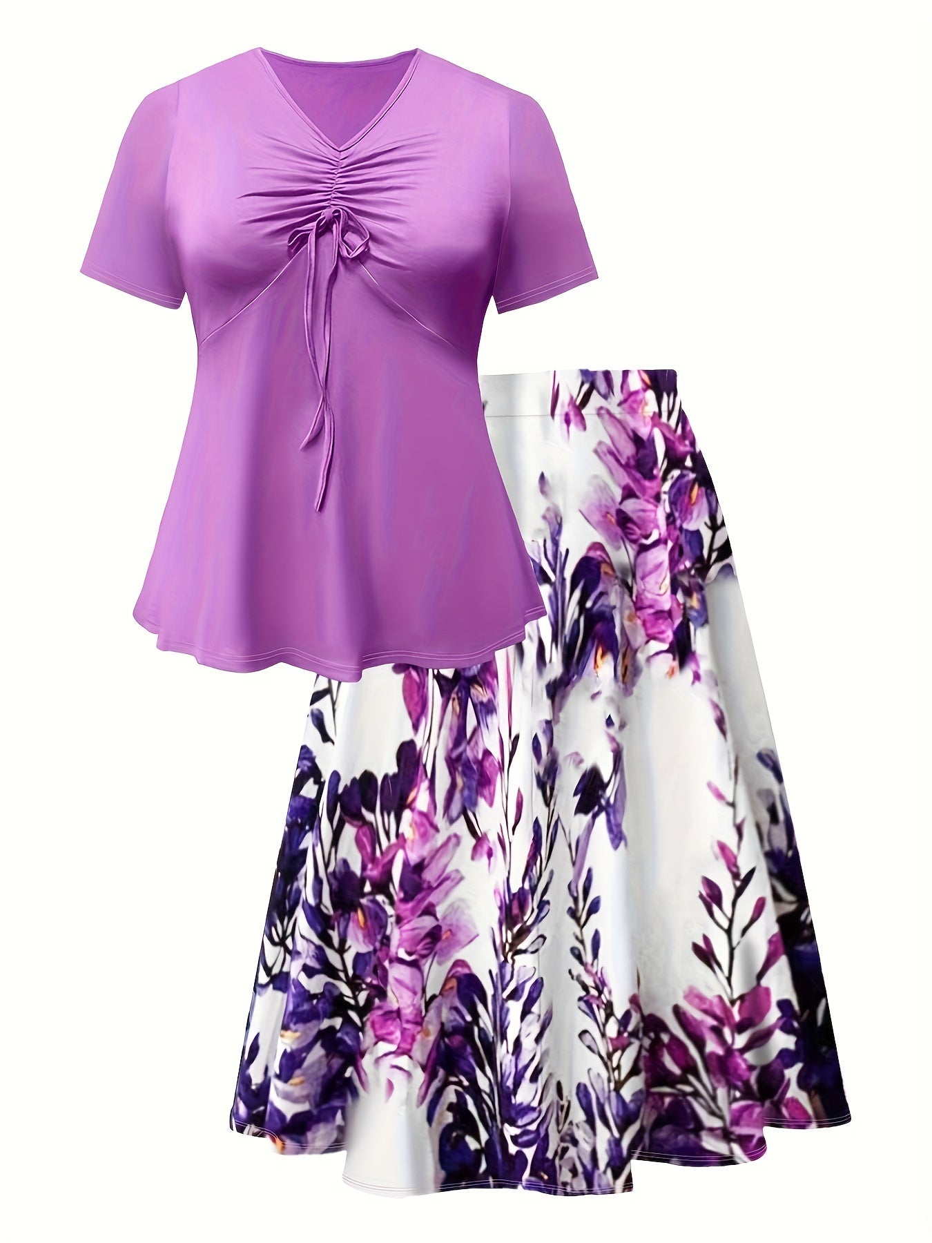 Women's Plus Size Elegant Spring & Summer Skirt Set - Solid Color Tie Front V Neck Short Sleeve Top & Floral Print Skirt Outfits - For Women Size 14-24 - Perfect for Casual & Party Occasions - Ideal Gift for Women