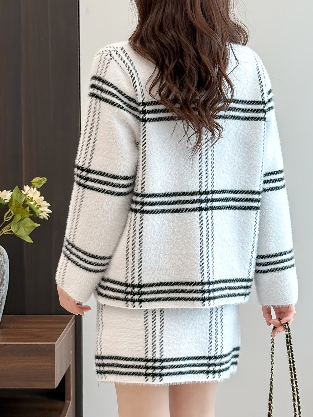 Elegant Plaid Pattern Knit Skirt Set, Cozy Soft&Warm, Long Sleeve Button Front Knitted Coat & High Waist A-line Mini Skirt Outfits - For Women - Perfect for Fall/Winter - Ideal Gift for Fashionable Ladies