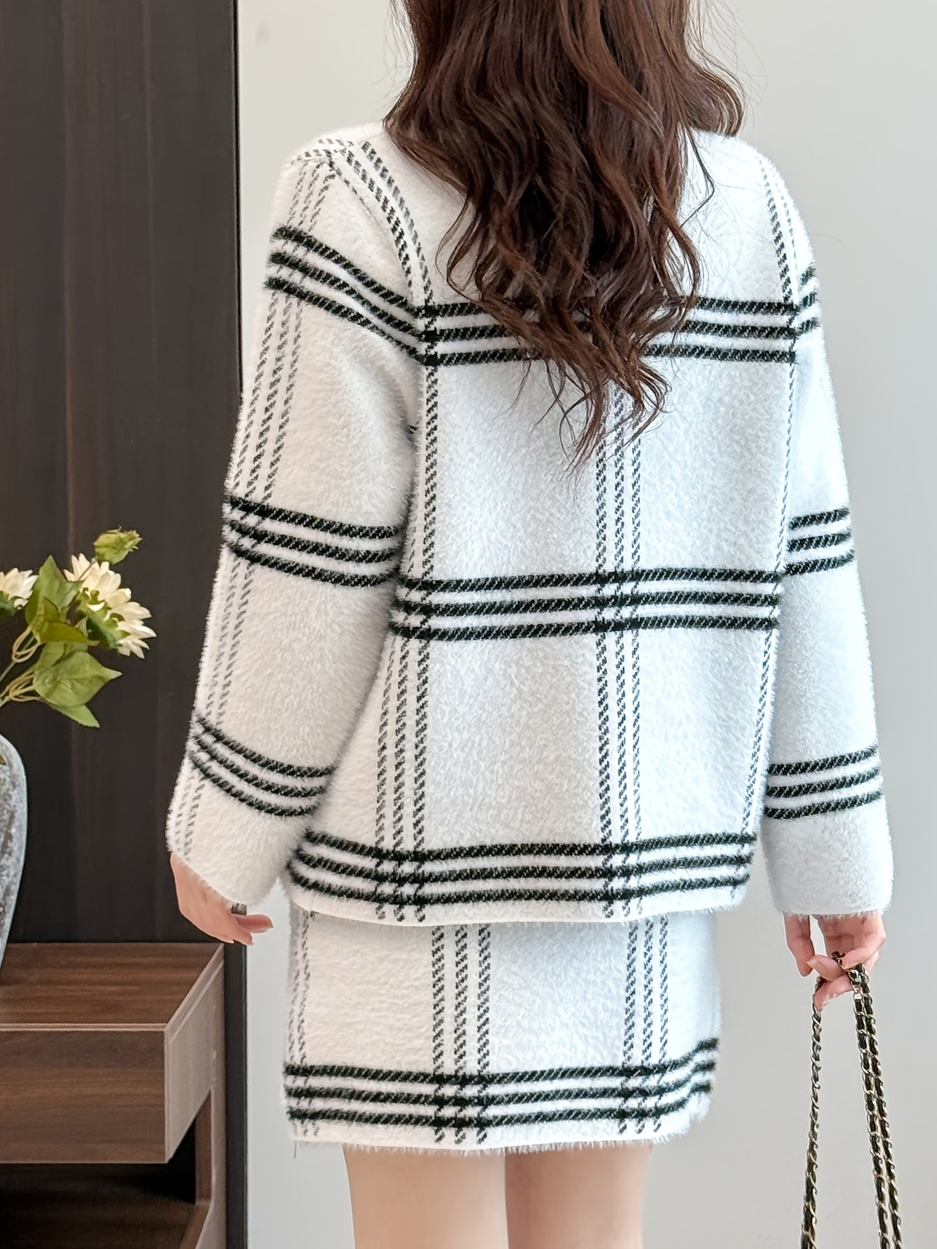 Elegant Plaid Pattern Knit Skirt Set, Cozy Soft&Warm, Long Sleeve Button Front Knitted Coat & High Waist A-line Mini Skirt Outfits - For Women - Perfect for Fall/Winter - Ideal Gift for Fashionable Ladies