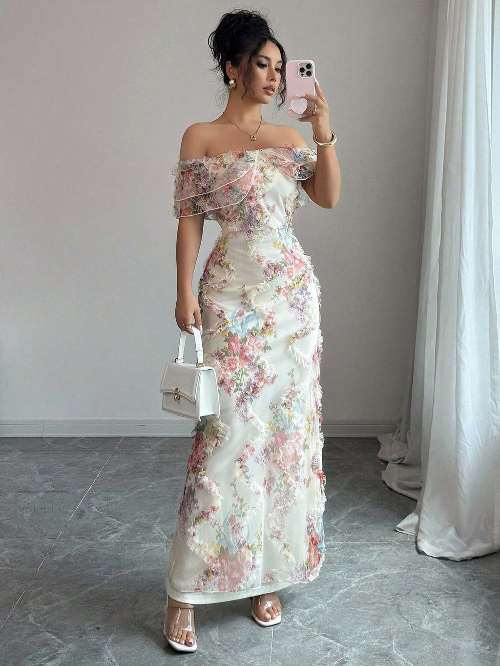 Women'S Elegant Romantic Ruffled Off-Shoulder Floral Print Maxi Dress - Lightweight Breathable Mesh A-Line H-Line Silhouette with Short Sleeves & Round Neck, Spring Summer Formal & Semi-Formal Evening Party Wedding Guest Dres