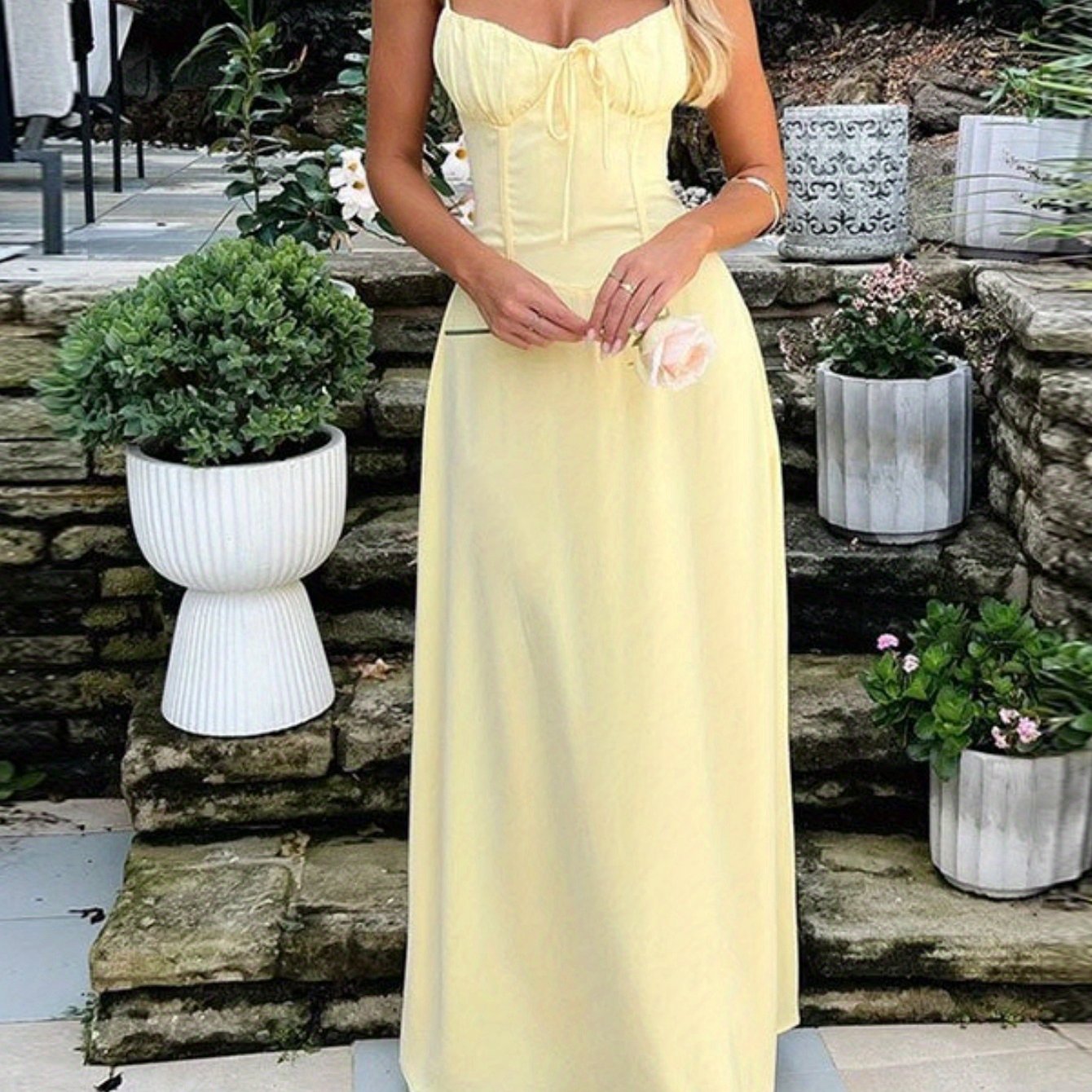 Elegant Sleeveless A-Line Midi Dress with Tie-Back Detail - Light Yellow, Flowy Summer Dress for Women, Perfect for Daily Wear, Travel, Parties, and Banquets, Cute Summer Dresses