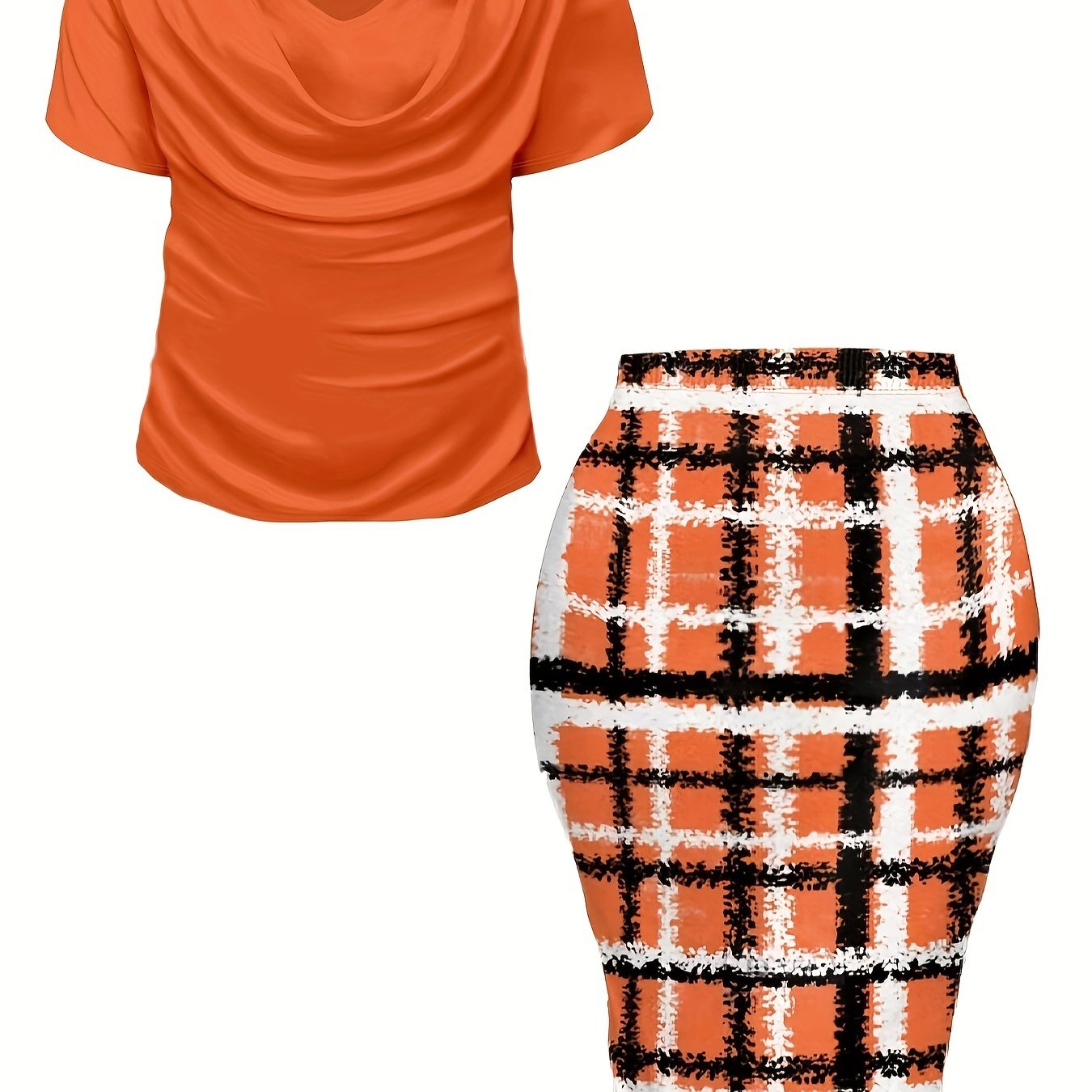 Women's Plus Size Plaid Print Two-piece Set, Cowl Neck Short Sleeve Top & Skirt Outfits -  For Women Size 14-24 - Casual & Stylish - Perfect for Fall/Winter - Great Gift for Fashionable Women
