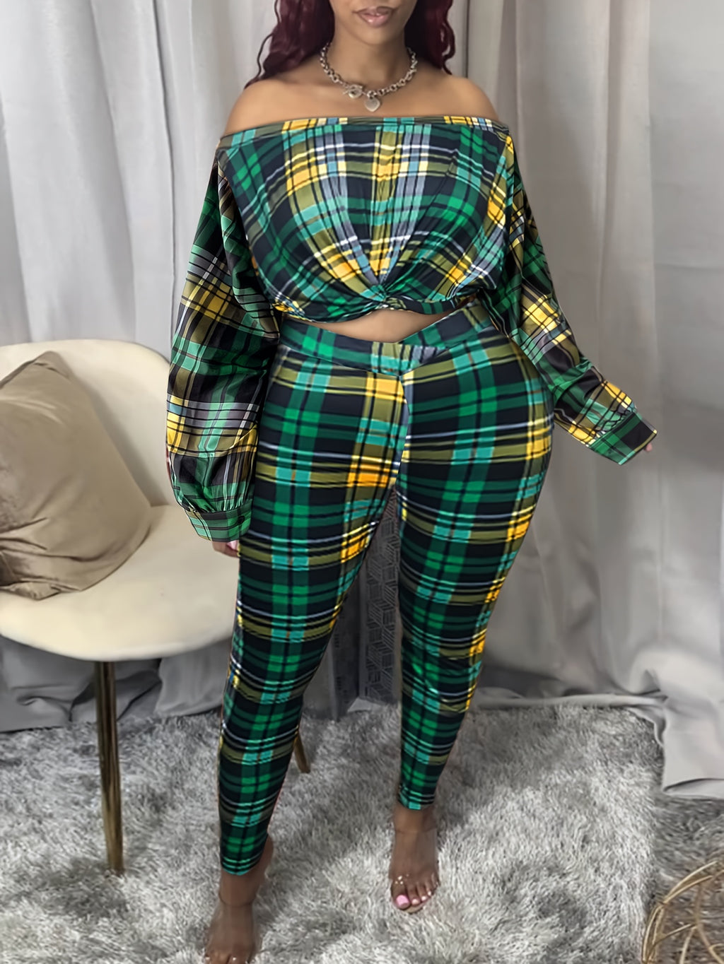 Plus Size Sexy Outfits Set, Women's Plus Plaid Print Twist Front Off Shoulder Long Sleeve Crop Top & Leggings Outfits Two Piece Set