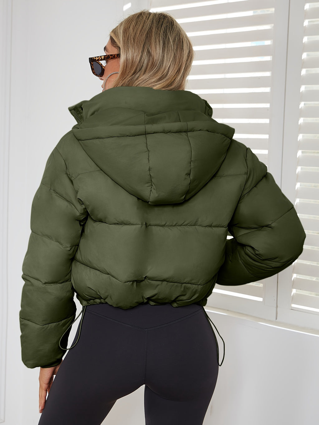 Women's Casual Short Puffer Jacket - Black Solid Hooded Design, Polyester Smooth Fabric, 70g/m² Lining, Long Sleeve with Drawstring | Winter Warmth | Comfortable Fit