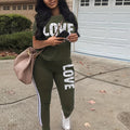 Casual Letter Print Two-piece Set, Short Sleeve T-shirt & Side Striped Pants Outfits - Women's Clothing -  Stylish & Comfortable - For Casual Wear - Perfect Gift for Fashionable Women