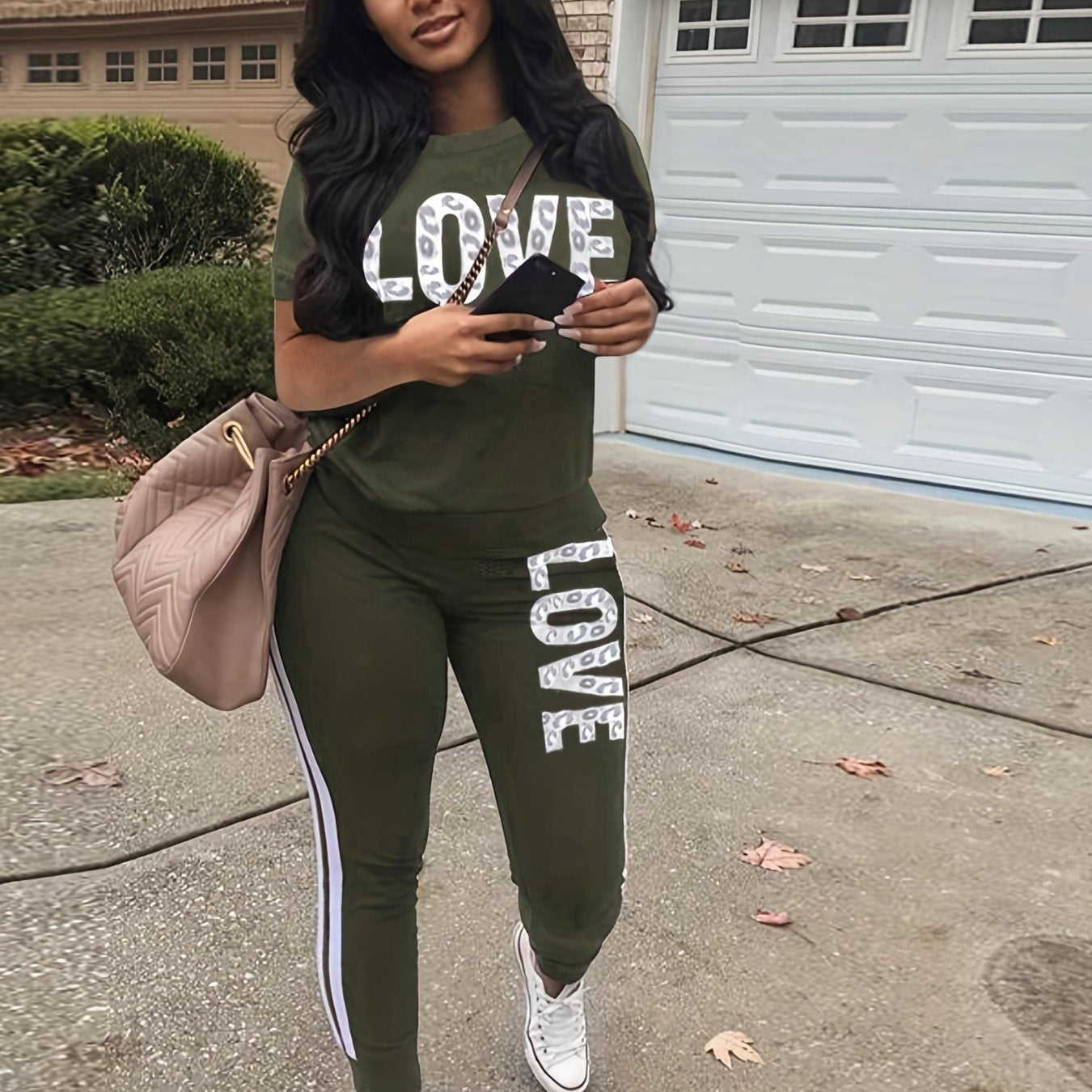 Casual Letter Print Two-piece Set, Short Sleeve T-shirt & Side Striped Pants Outfits - Women's Clothing -  Stylish & Comfortable - For Casual Wear - Perfect Gift for Fashionable Women