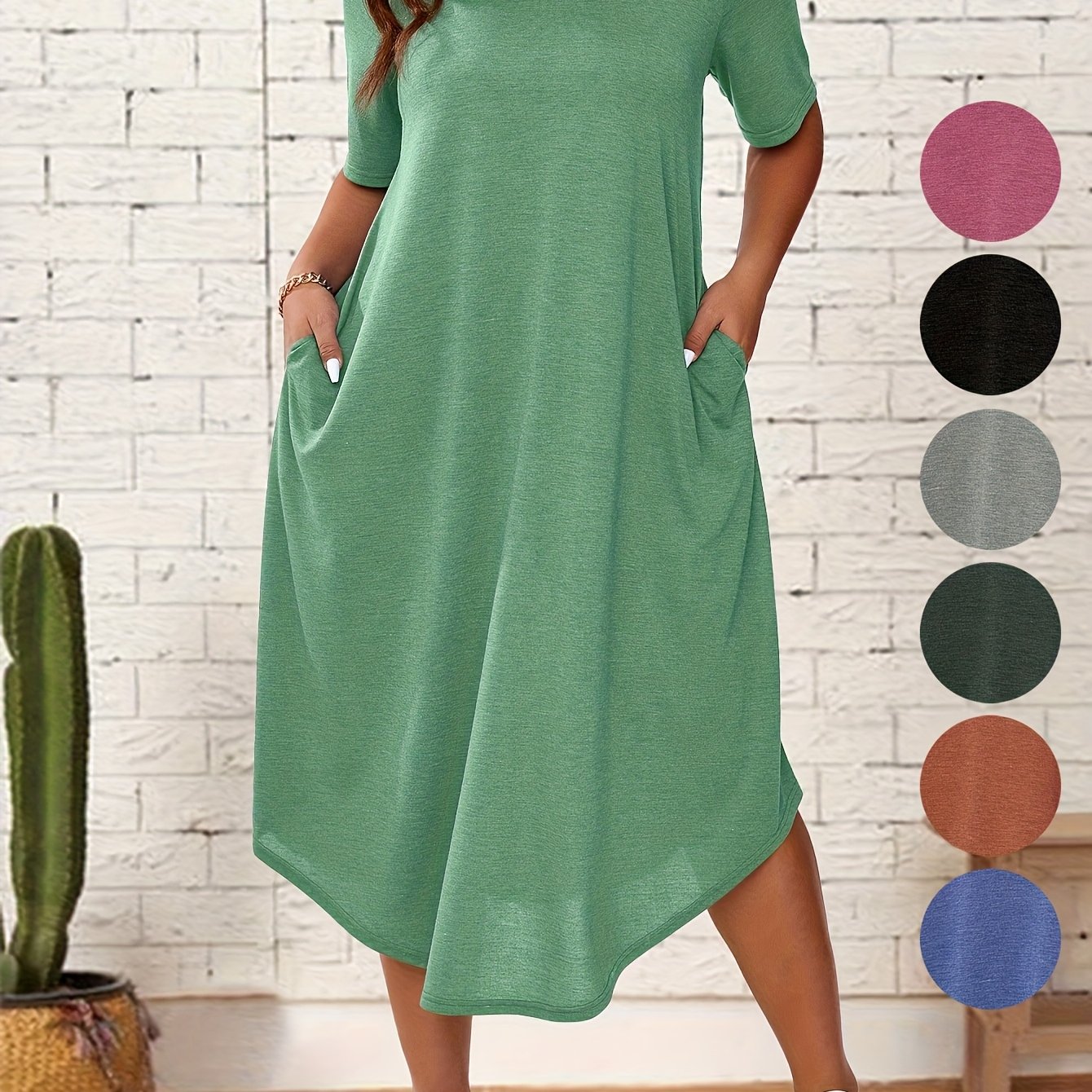 Plus Size Solid Color Dress, Casual Short Sleeve Crew Neck Dress for Spring & Summer, Women's Plus Size Clothing, Plus Size Dresses