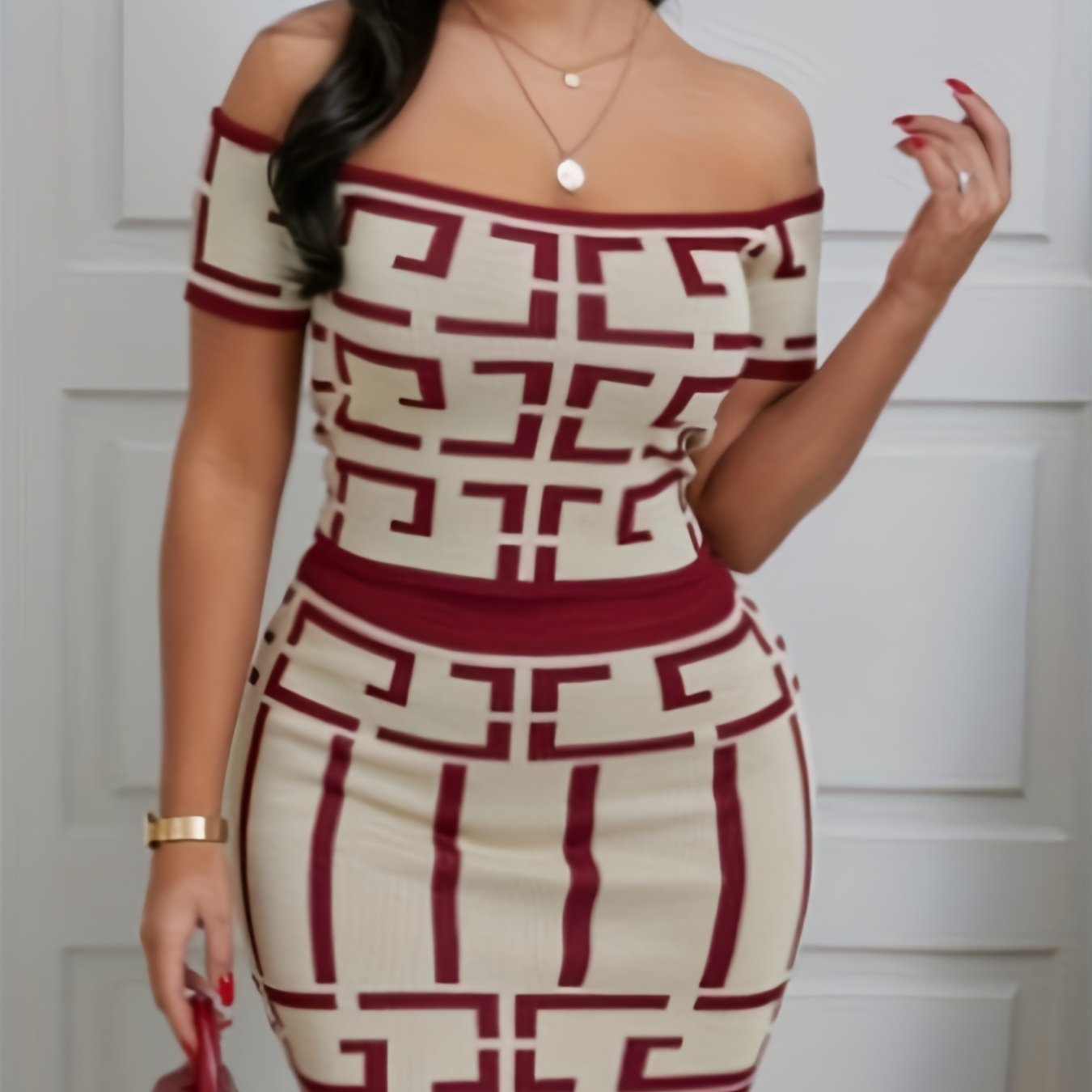 Elegant Geometric Print Two-Piece Skirt Suit for Women - Off the Shoulder, Fabric, Perfect for Spring/Fall, Casual Chic Outfit|Geometric Print Dress| Constructio