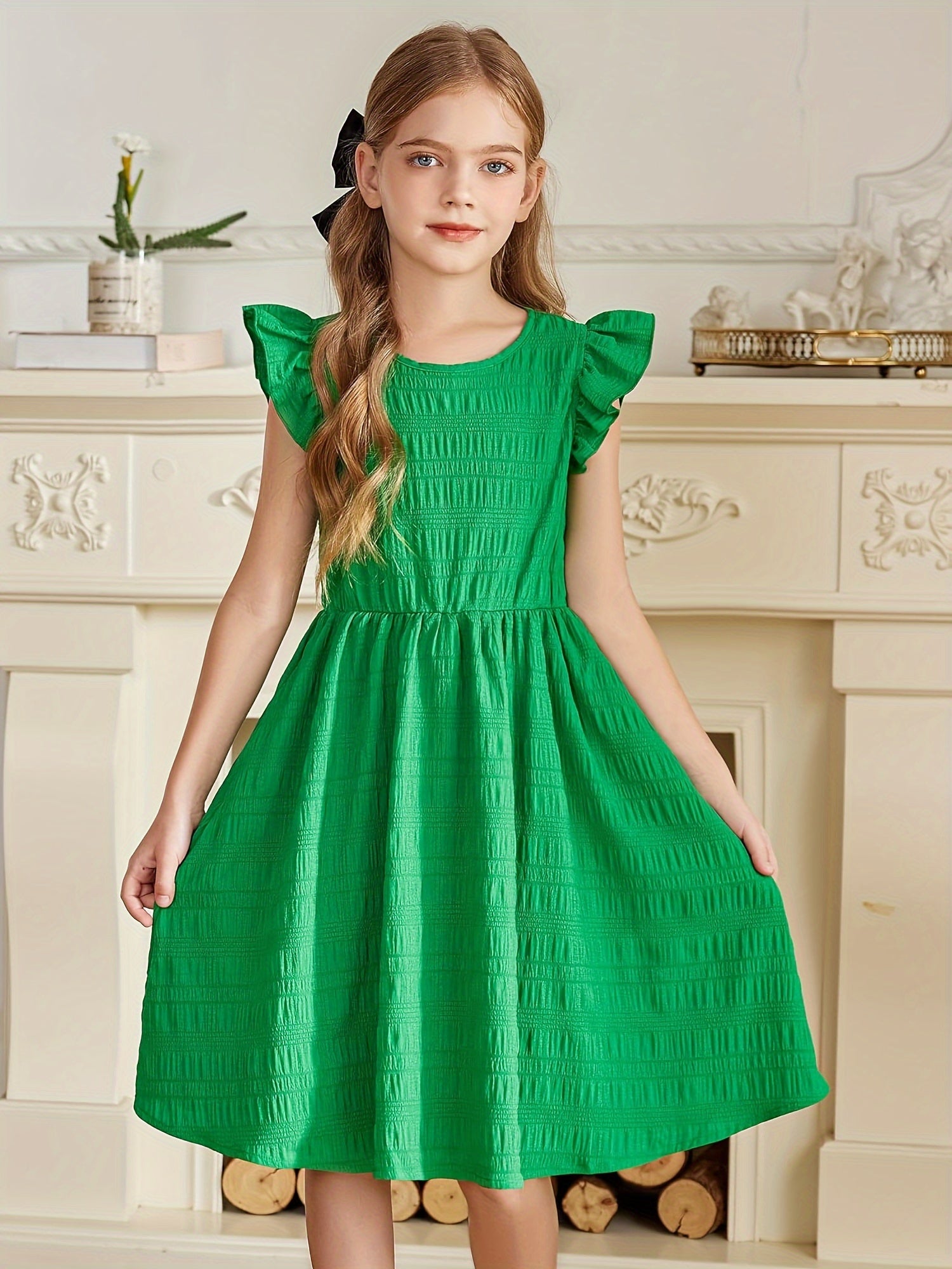 Girls Dress Casual Ruffle Sleeveless A Line Summer Dresses With Pockets 4-12 Years