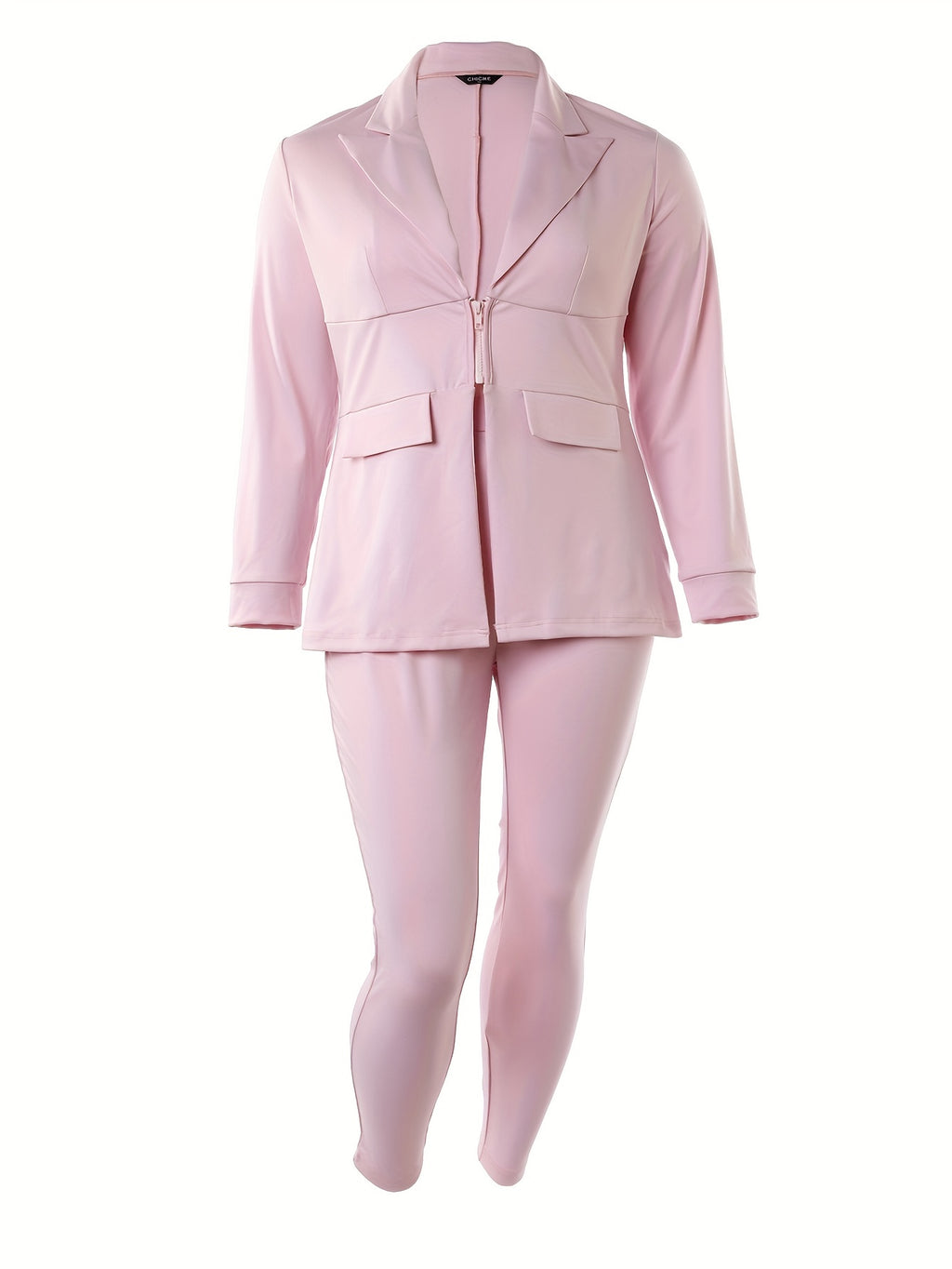 Chic Plus-Size Two-Piece Blazer & Pants Suit – Long Sleeve, Zippered Front, Ideal for Work and Special Occasions