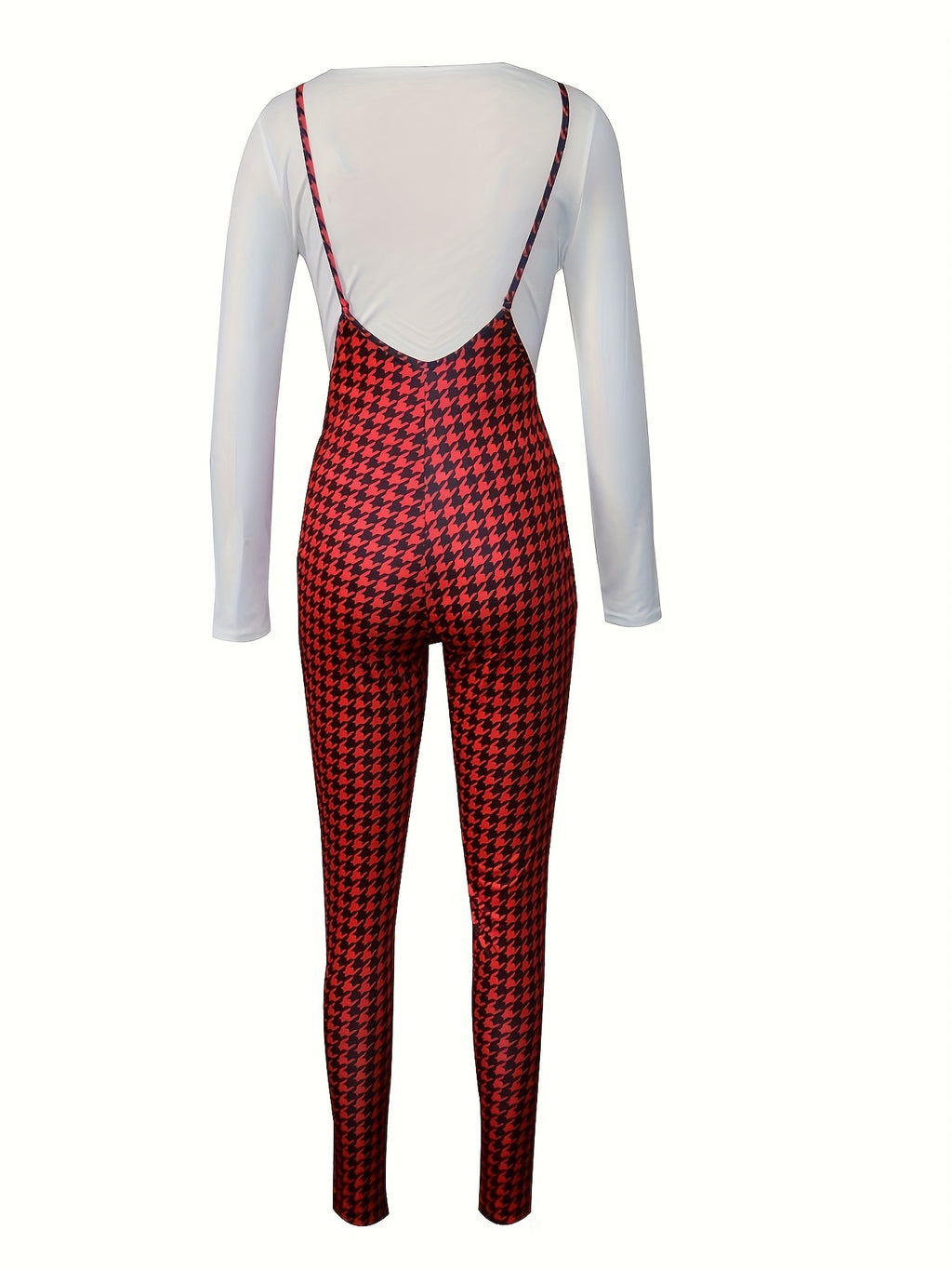 two-piece Houndstooth Print Long Sleeve T-Shirt & Cami Jumpsuit Set, Women's Casual Outfit