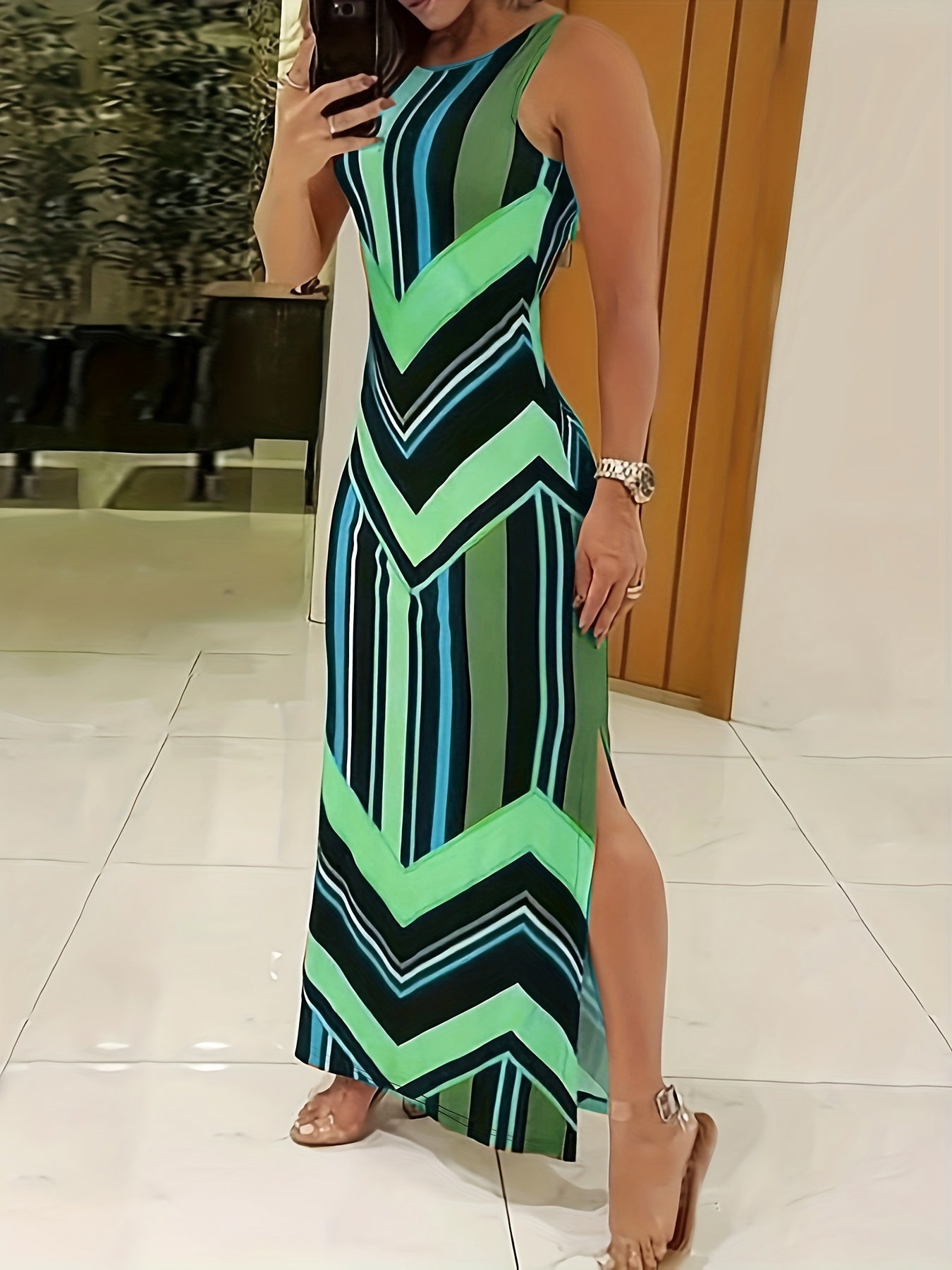Women's Elegant Sleeveless Maxi Dress, Flattering Fit, Formal & Casual Chic Outfit, All-Season Formal Party Wedding Everyday Dresses for Women, Geometric Pattern, Spring/Fall/Summer, Dresses for Wedding, Spring Fashion, Styli