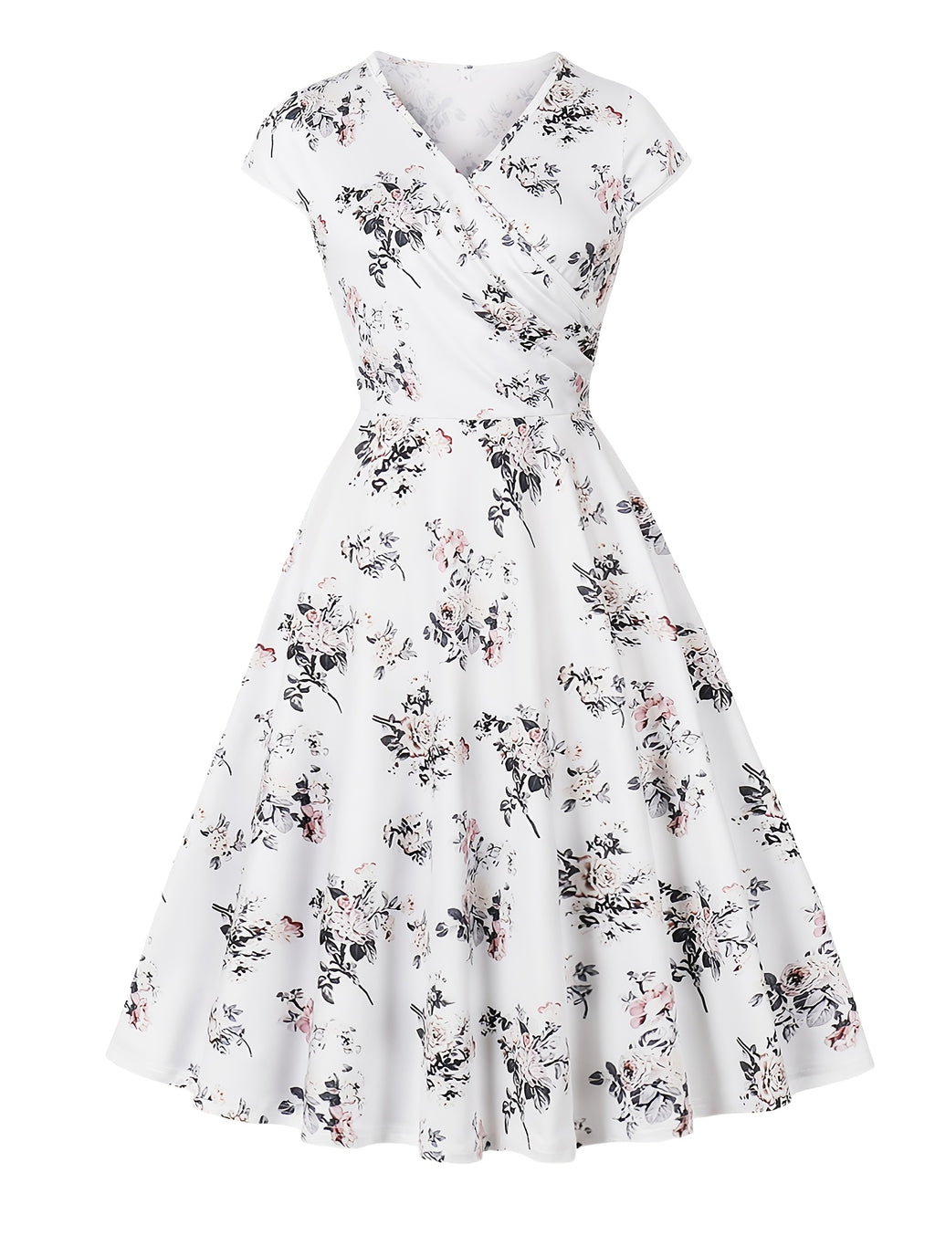 Print Knee-Length Dress - Stretchy Polyester, Machine Washable, White with Black & Pink Flowers, Ideal for Casual Parties, Comfortable Fashion|Sleeveless Dress|Glossy Texture, Plus Size Summer Dresses