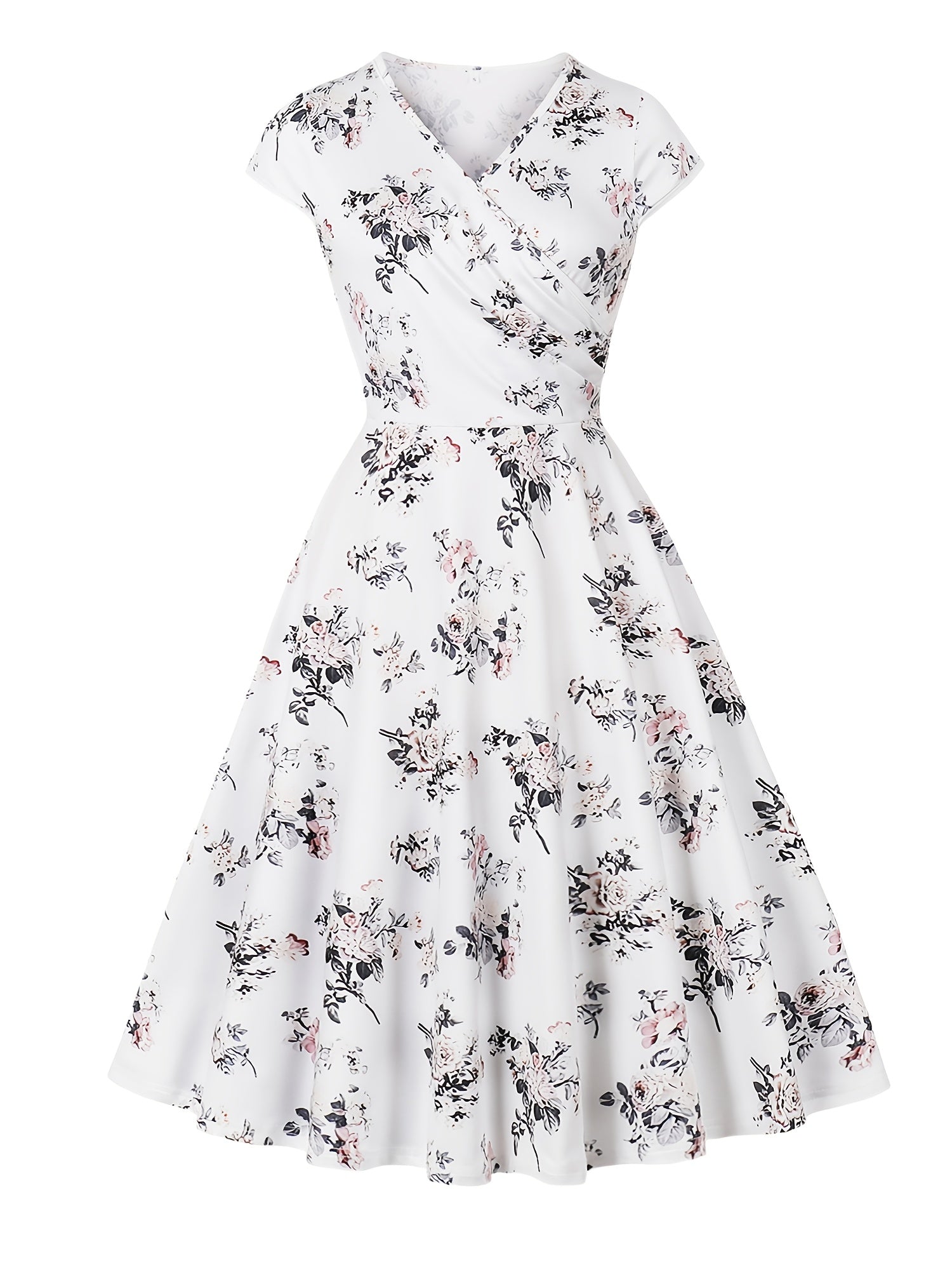 Print Knee-Length Dress - Stretchy Polyester, Machine Washable, White with Black & Pink Flowers, Ideal for Casual Parties, Comfortable Fashion|Sleeveless Dress|Glossy Texture, Plus Size Summer Dresses
