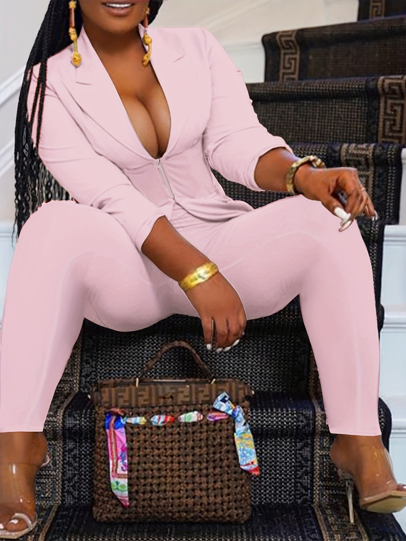 Chic Plus-Size Two-Piece Blazer & Pants Suit – Long Sleeve, Zippered Front, Ideal for Work and Special Occasions