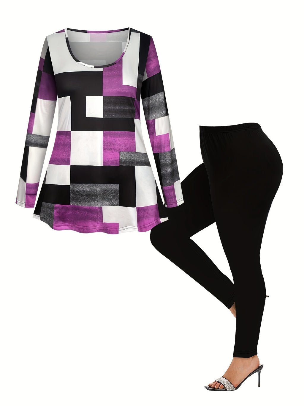 Women's Plus Size Plaid Print Two-Piece Set - Red Black White Gray Brown Geometric Tartan Pattern Crew Neck Long Sleeve Top & Wide-Leg Trousers, All-Season Casual to Formal Outfits, Versatile Everyday & Special Occasion Outfi