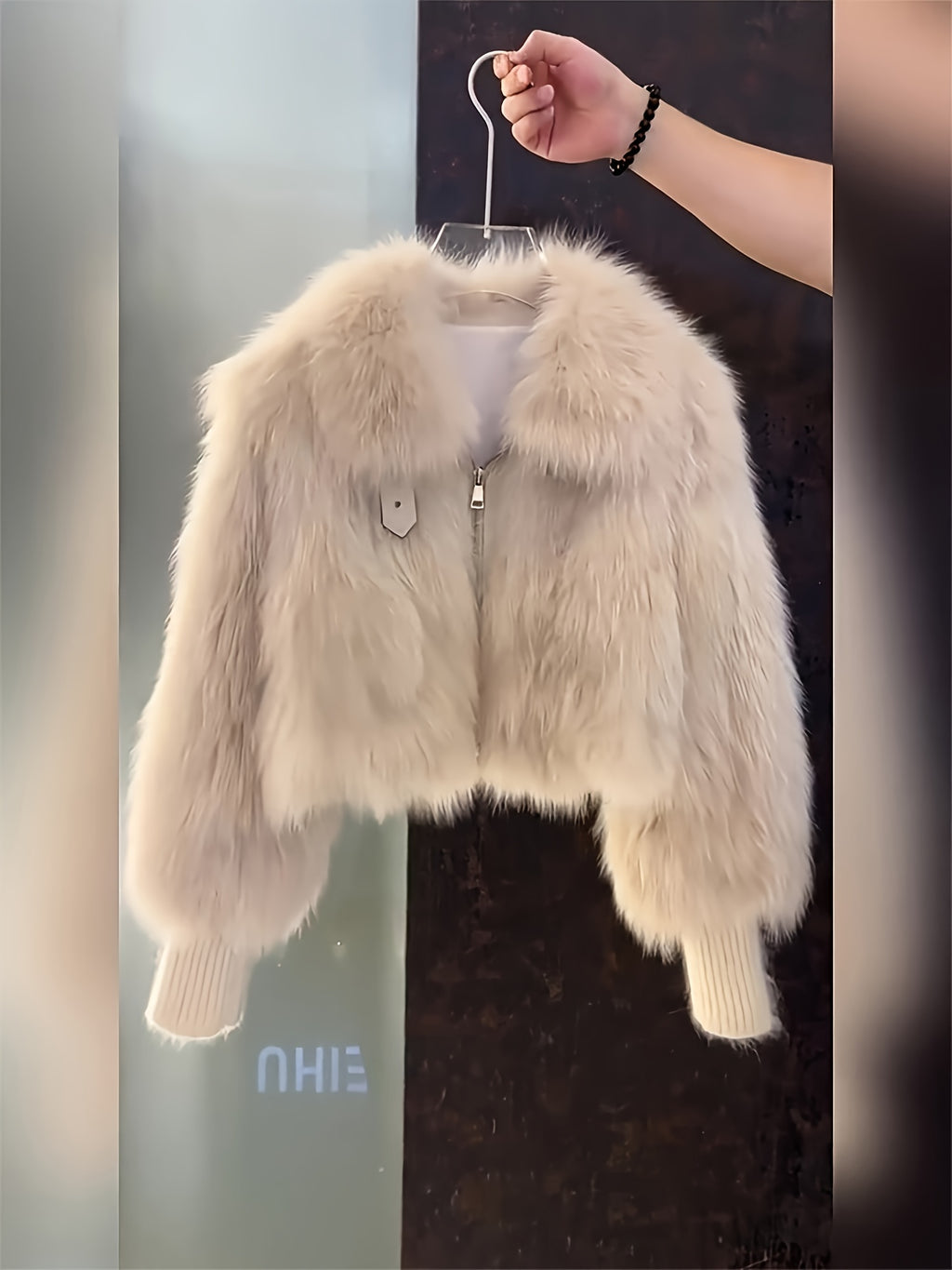 Women's Plush Faux-Fur Jacket with Hood-like Collar & - Winter Coat, Loose-Fit H-Line Silhouette, Single-Breasted Button Closure, White/Creamy Beige Fur Outerwear for Casual & Formal Events (No Belt, Hand Washable) - Luxe, Wi