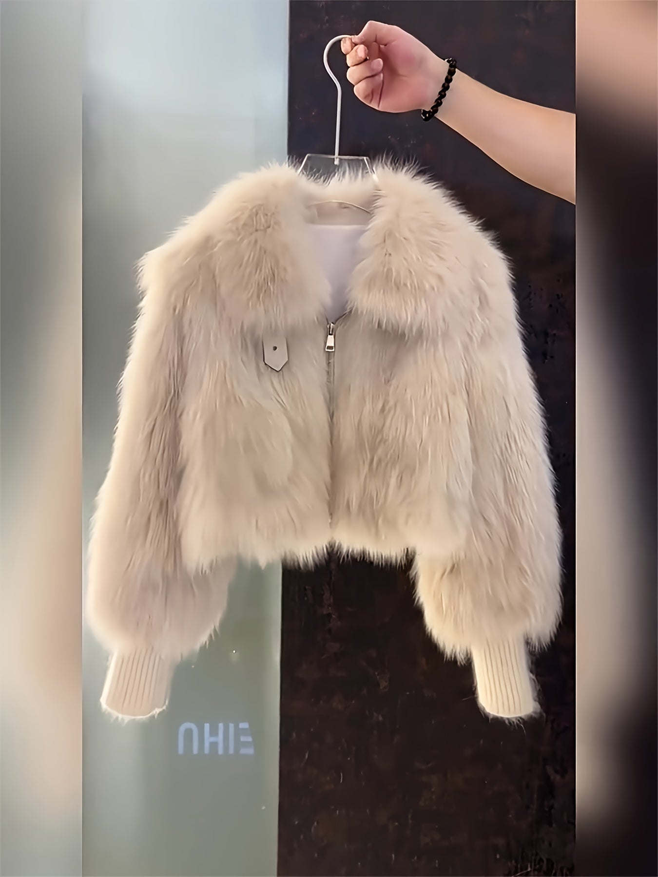 Women's Plush Faux-Fur Jacket with Hood-like Collar & - Winter Coat, Loose-Fit H-Line Silhouette, Single-Breasted Button Closure, White/Creamy Beige Fur Outerwear for Casual & Formal Events (No Belt, Hand Washable) - Luxe, Wi