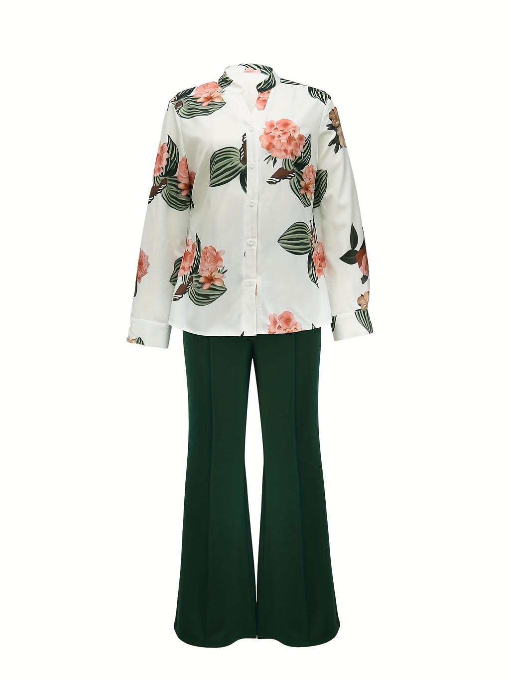 Women'S Casual Floral Print Two-Piece Set - Long Sleeve Blouse with Ruffle Detail, Wide-Leg Pants, and White Heels, All-Season Stylish Outfit, Casual Attire | Floral Print Top | Ruffle Detail Top, Ladies Casual Wear