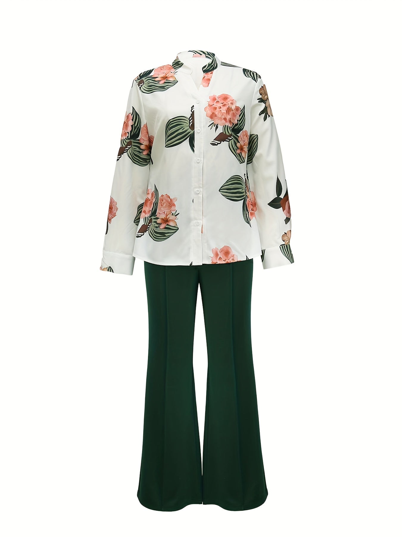 Women'S Casual Floral Print Two-Piece Set - Long Sleeve Blouse with Ruffle Detail, Wide-Leg Pants, and White Heels, All-Season Stylish Outfit, Casual Attire | Floral Print Top | Ruffle Detail Top, Ladies Casual Wear
