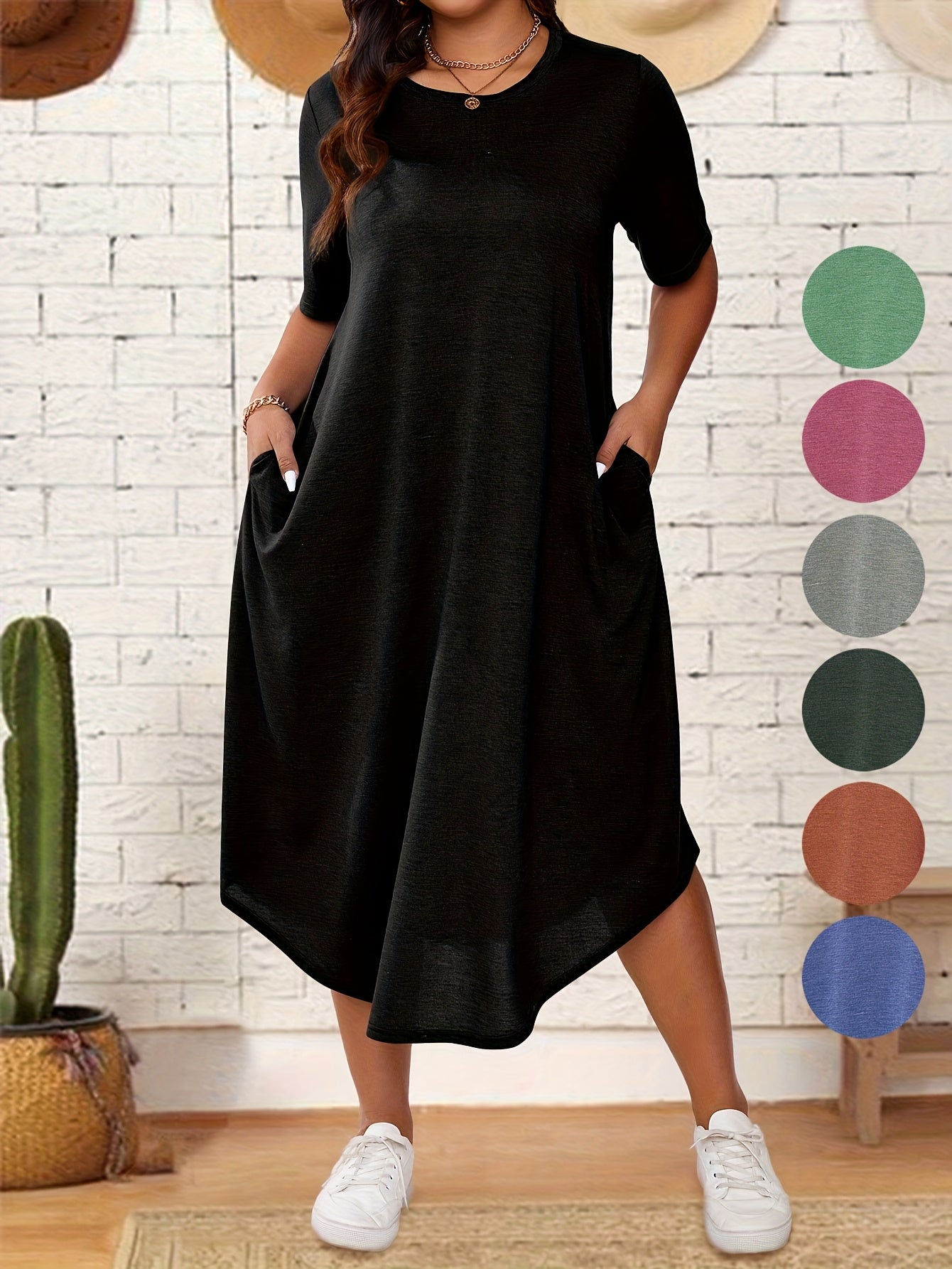 Plus Size Solid Color Dress, Casual Short Sleeve Crew Neck Dress for Spring & Summer, Women's Plus Size Clothing, Plus Size Dresses