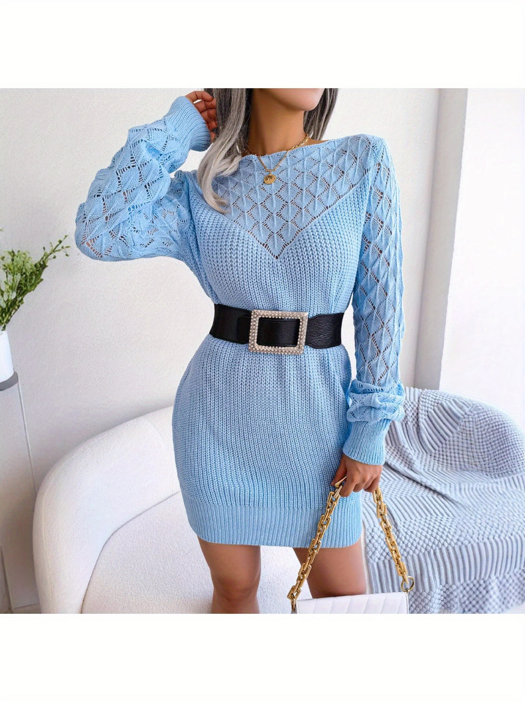 Women's Elegant Dress - Long Sleeve A-Line Silhouette with Round Neck & Short Sleeves, Soft Pink Pastel Winter Dress, Structured Fit for All-Season Casual to Formal Events, Machine Washable Fleece Outfit, Chic Layered Look, F