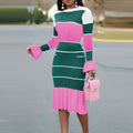 Casual Chic Color Block & Stripe Two-Piece Set - Cotton Blend Crew Neck Top with High-Elasticity Chiffon Skirt