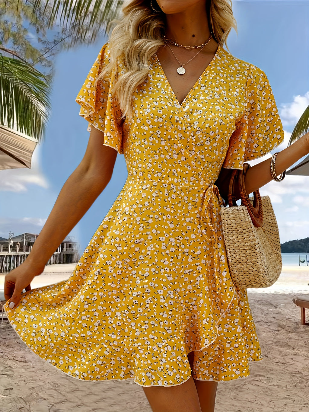 Stunning Floral V-Neck Ruffle Hem Dress - Women's Elegant Short Sleeve Cinched Waist Dresses for Spring & Summer - Perfect for Outdoor Activities, Casual Wear, and Date Nights