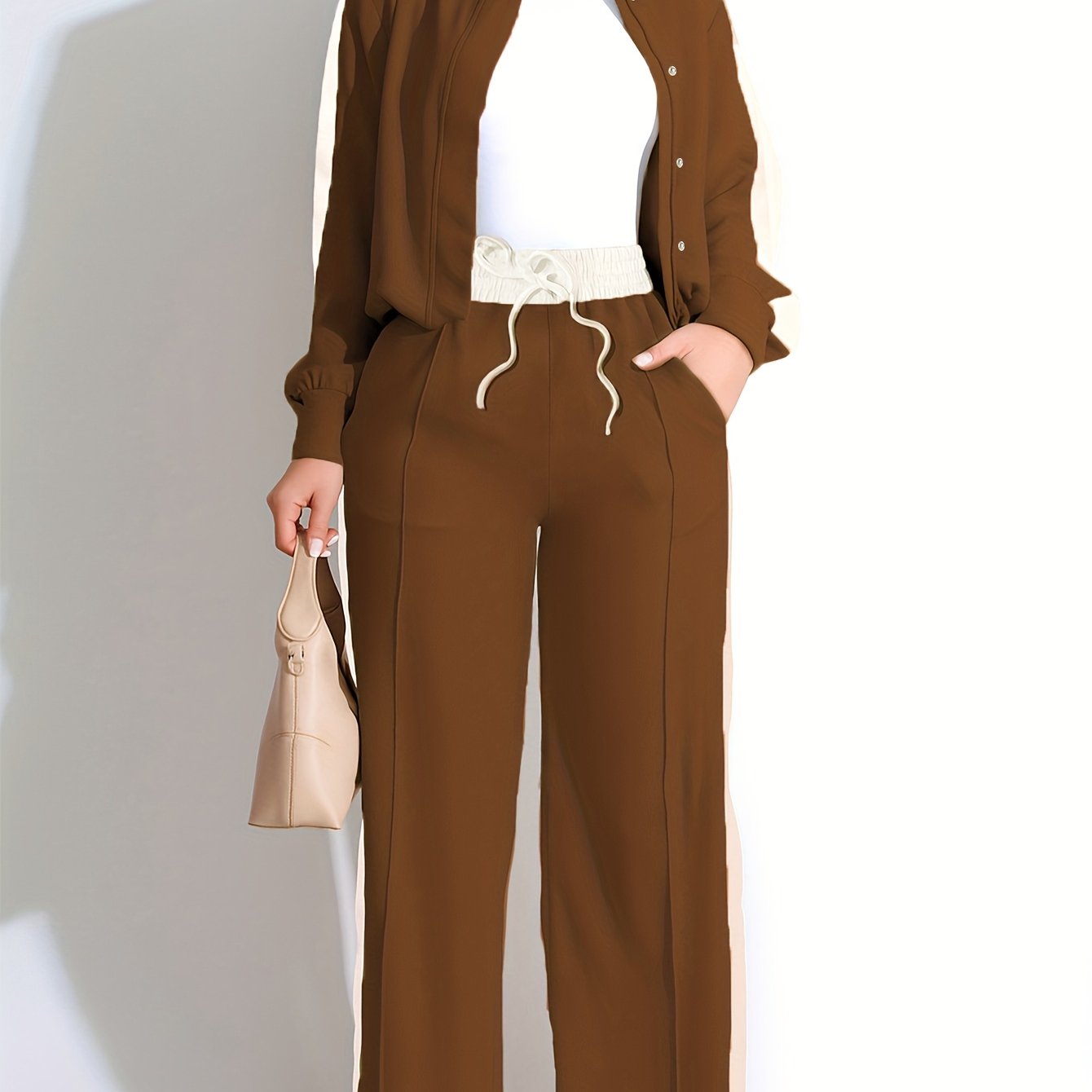 Women's Casual Two-Piece Set Zip-up Bomber Jacket & High-Waist Jogger Pants with Side Stripes, Trendy And Comfortable, Tracksuits Sets For Ladies, Track Suits Women Two Piece, Track Suits Sets For Women, Sweat Suits Women Two