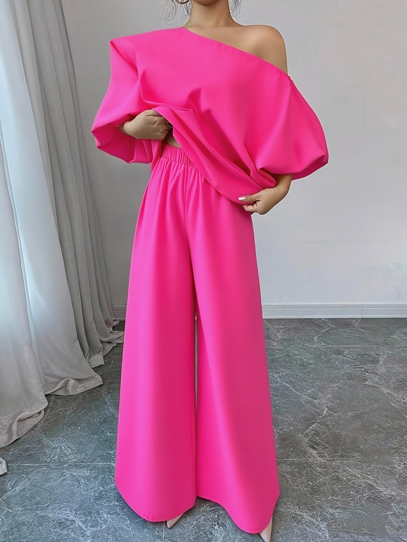 Women's Elegant Navy Blue Elegant Two-Piece Set - Structured One-Shoulder Bubble Sleeve Top & High-Waisted Wide-Leg Pants, Solid Color Winter Outfit with Puffed Sleeves, Machine Washable Formal & Everyday Winter Attire for Fa