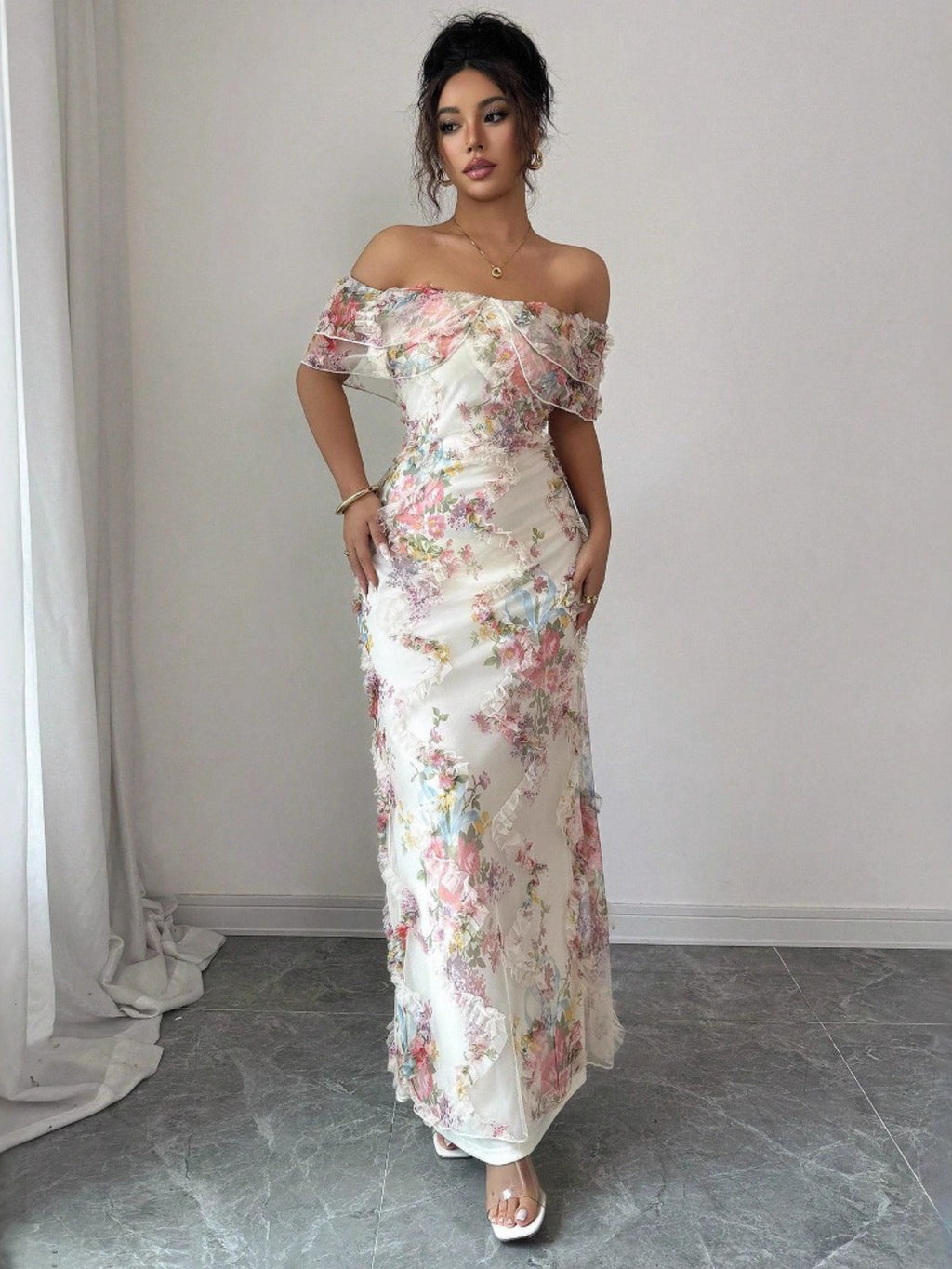 Women'S Elegant Romantic Ruffled Off-Shoulder Floral Print Maxi Dress - Lightweight Breathable Mesh A-Line H-Line Silhouette with Short Sleeves & Round Neck, Spring Summer Formal & Semi-Formal Evening Party Wedding Guest Dres