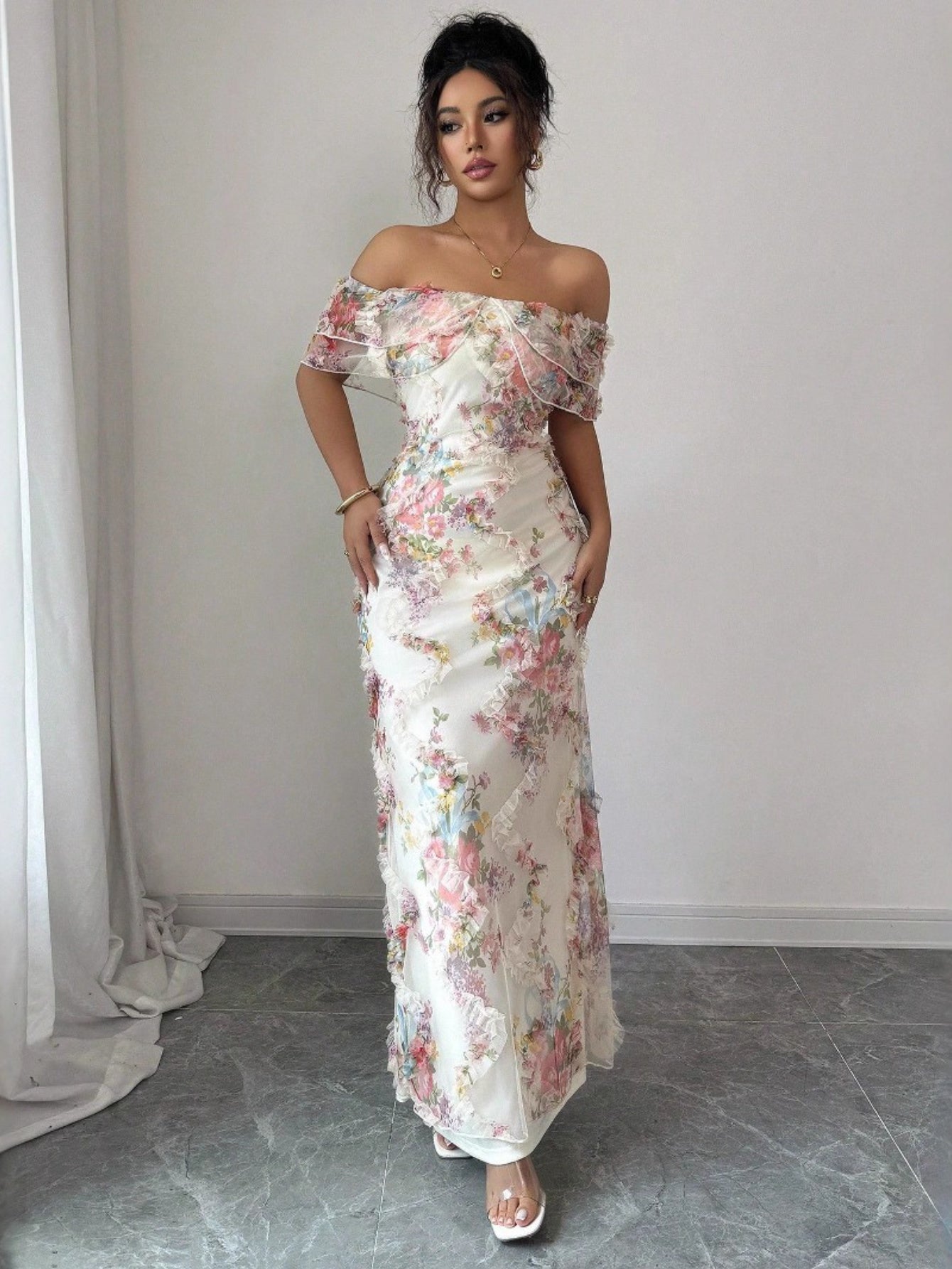 Women'S Elegant Romantic Ruffled Off-Shoulder Floral Print Maxi Dress - Lightweight Breathable Mesh A-Line H-Line Silhouette with Short Sleeves & Round Neck, Spring Summer Formal & Semi-Formal Evening Party Wedding Guest Dres