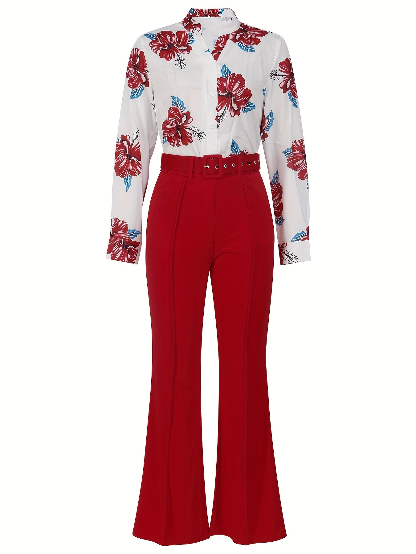 Women'S Casual Floral Print Two-Piece Set - Long Sleeve Blouse with Ruffle Detail, Wide-Leg Pants, and White Heels, All-Season Stylish Outfit, Casual Attire | Floral Print Top | Ruffle Detail Top, Ladies Casual Wear