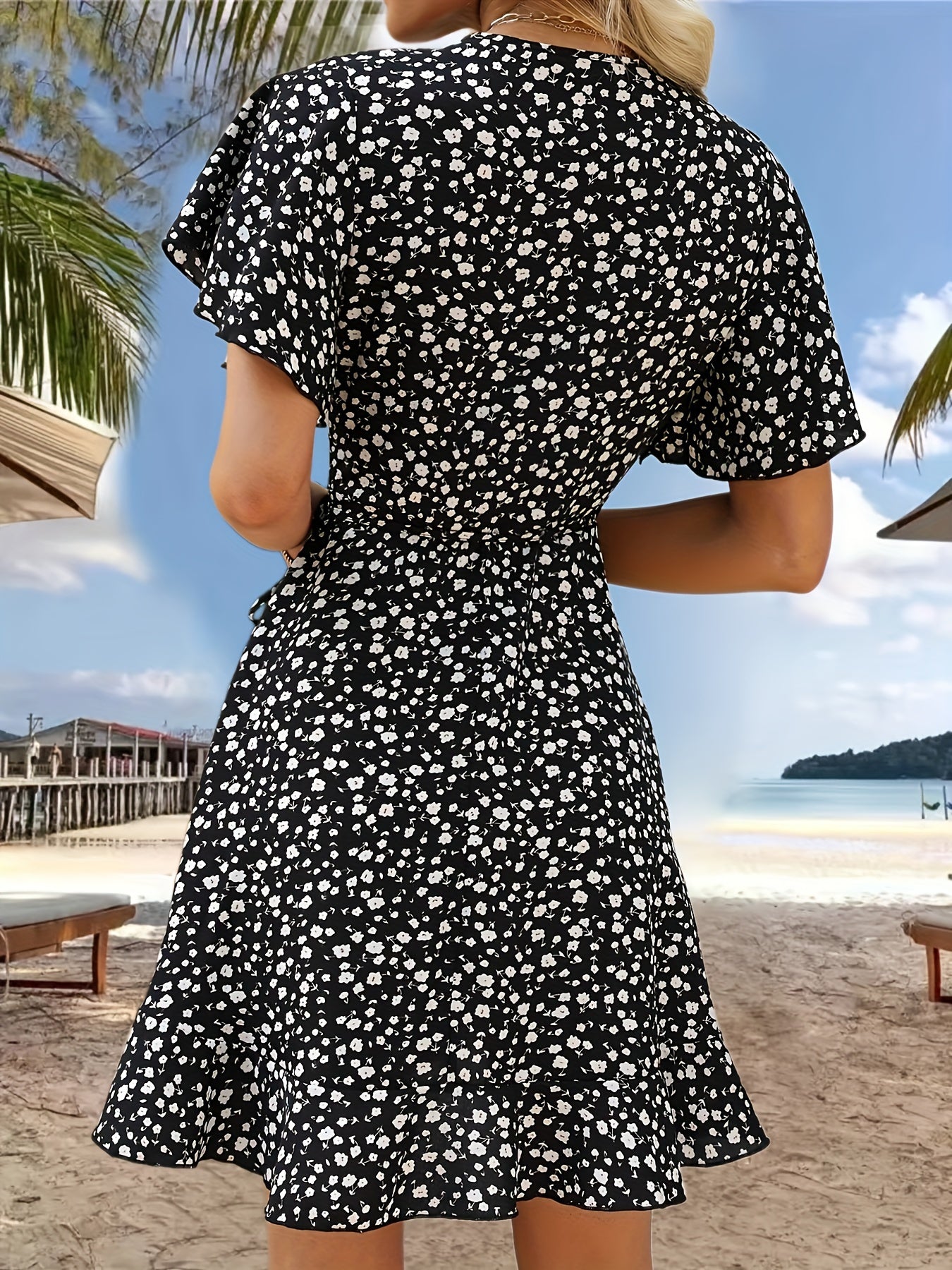 Stunning Floral V-Neck Ruffle Hem Dress - Women's Elegant Short Sleeve Cinched Waist Dresses for Spring & Summer - Perfect for Outdoor Activities, Casual Wear, and Date Nights