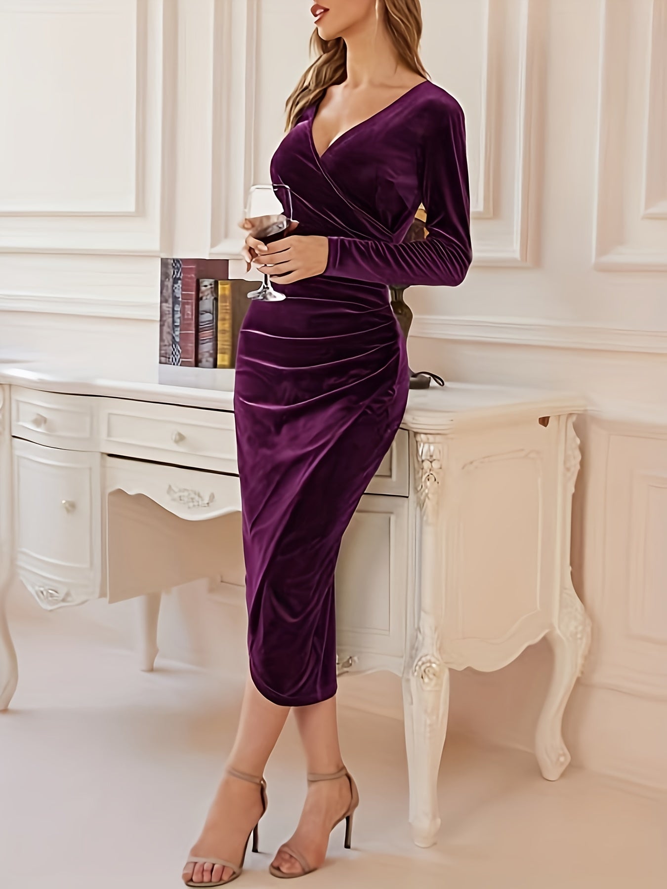 Surplice Neck Solid Dress, Elegant Long Sleeve Bodycon Party Dress, Women's Clothing