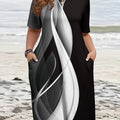 Plus Size, Women's Plus Size Oversized Black & White Striped Dress with Pockets - A-Line Short Sleeve Round Neck Casual Maxi Dress, All-Season Tunic for Beach Vacation, Casual Attire & Layering (Vertical Stripes, Machine Wash