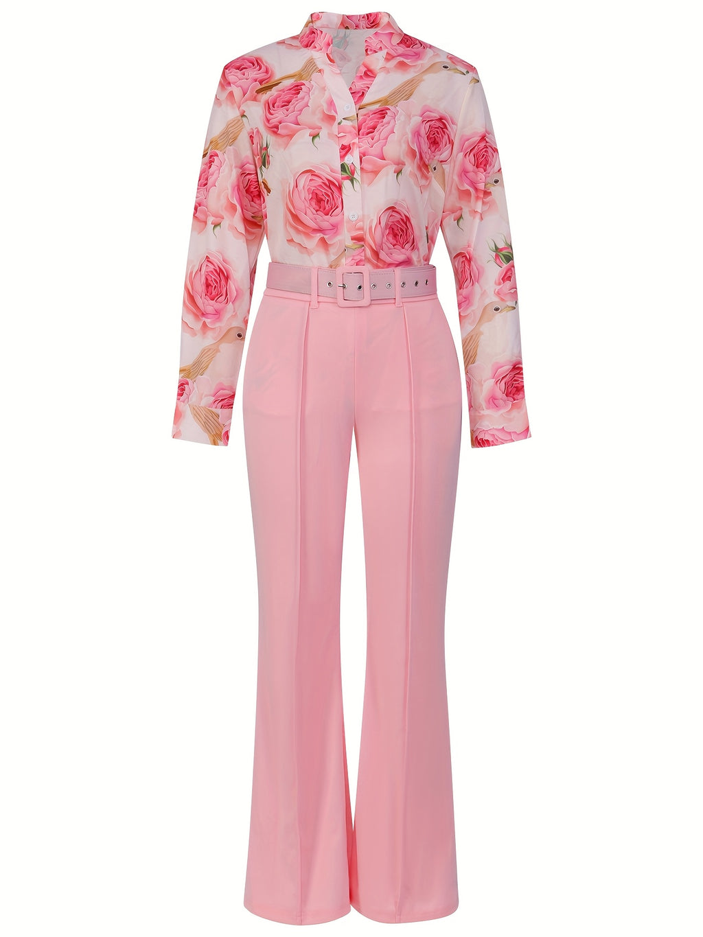 Women'S Casual Floral Print Two-Piece Set - Long Sleeve Blouse with Ruffle Detail, Wide-Leg Pants, and White Heels, All-Season Stylish Outfit, Casual Attire | Floral Print Top | Ruffle Detail Top, Ladies Casual Wear
