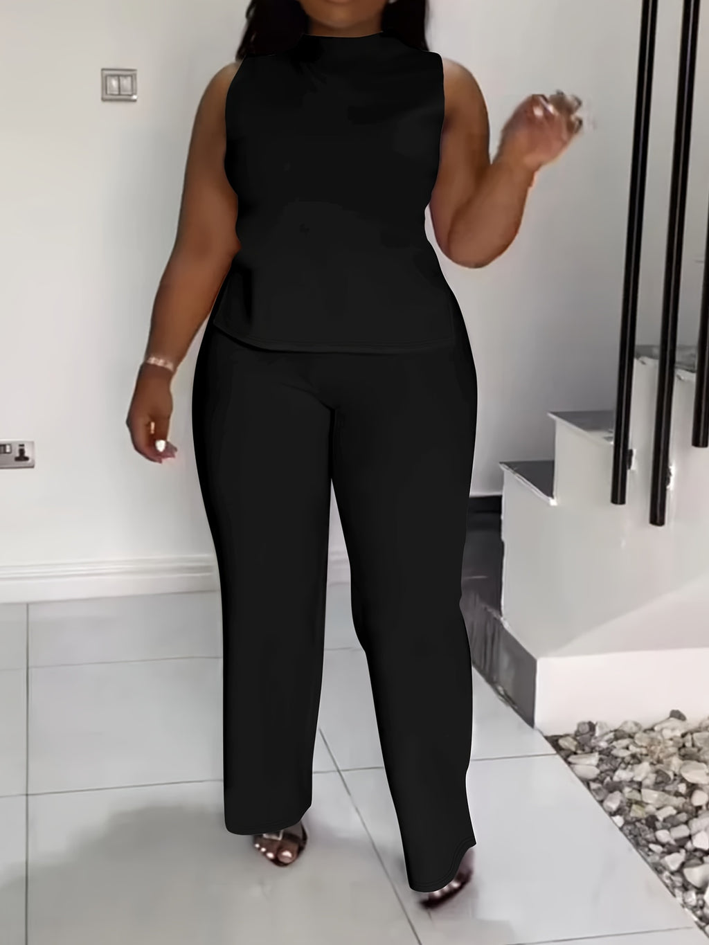 Plus Size Elegant Lash Sets - High Neck, Split Sleeveless Top & Slit Hem Pants, Medium Stretch Polyester, Machine Washable, Solid Color, No Printing - Summer Outfits for Women