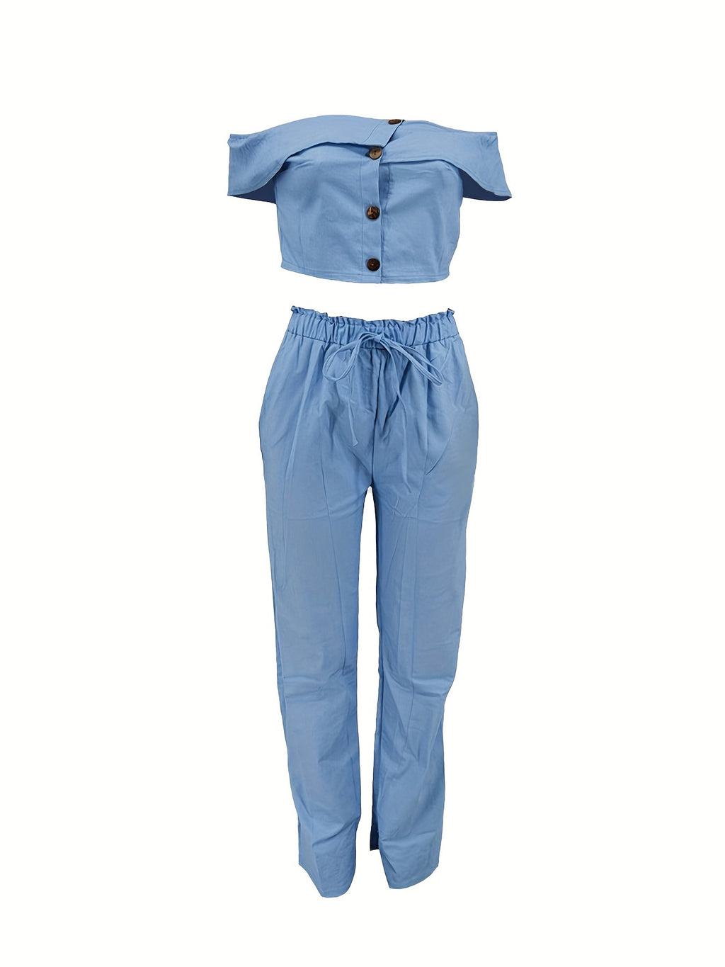 [Popular Choice] Off-Shoulder Ruffle Trim Wide-Leg Denim Two-Piece Set, Polyester Blend, Non-Stretch Fabric, Button Detail - Machine Washable, Perfect for Spring/Fall, Leisure Style, Spring/Autumn