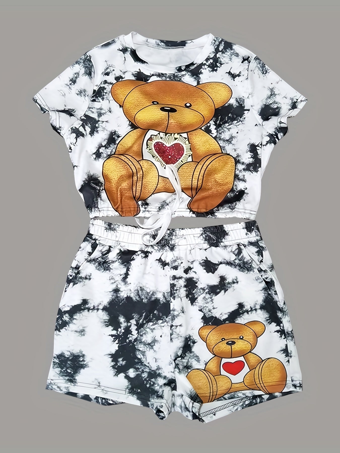 Cartoon Bear Print Two-piece Set, Drawstring Short Sleeve Tee & Elastic Waist Shorts Outfits, Women's Clothing
