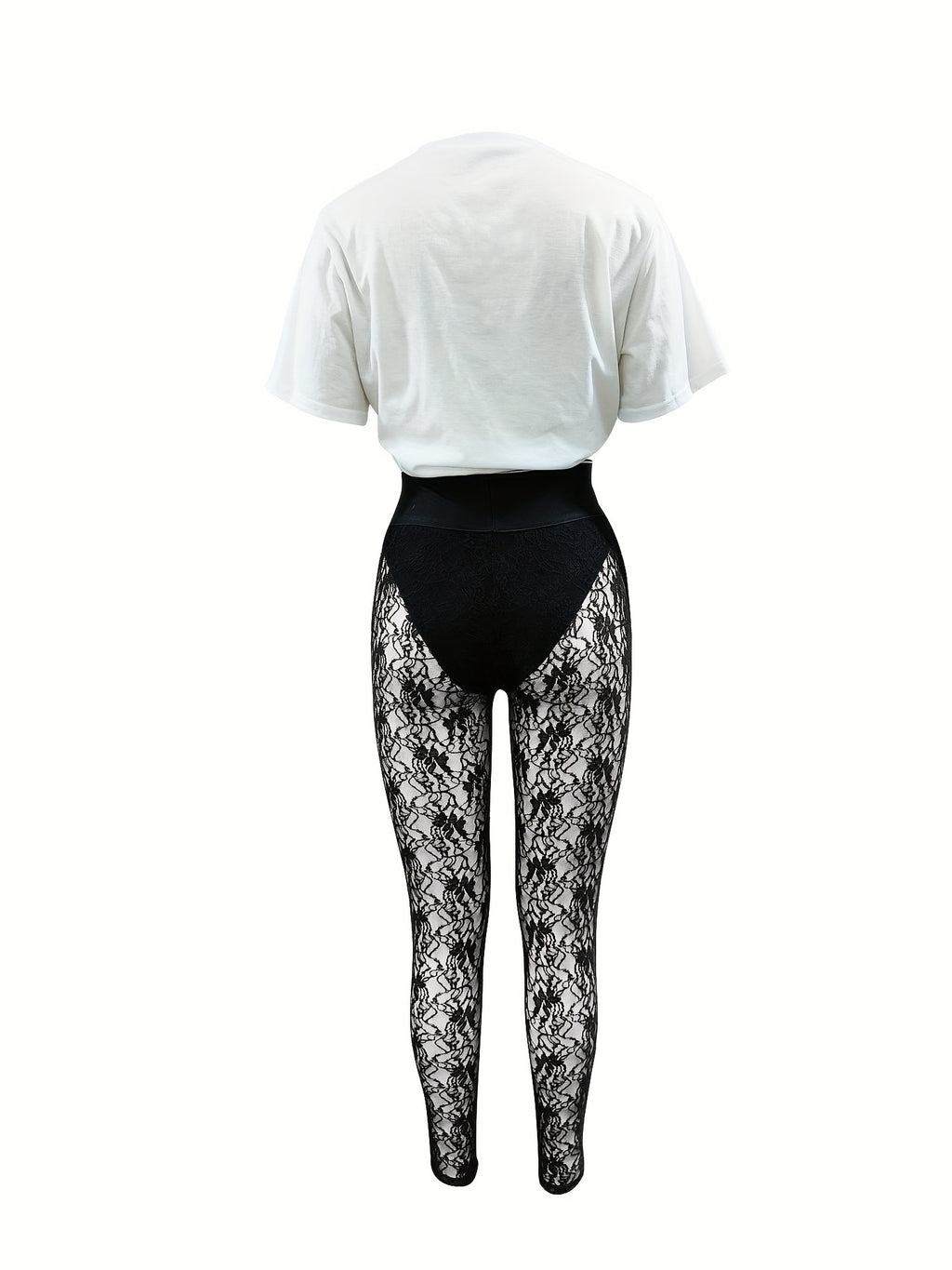 Two-Piece Hourglass Figure Flattering Set - Short Sleeve Crop Top & High Waist Semi-Sheer Lace Pants Outfit with Applique Details, Micro Elasticity, and Positioning Printing - Perfect for Spring/Summer Vacation