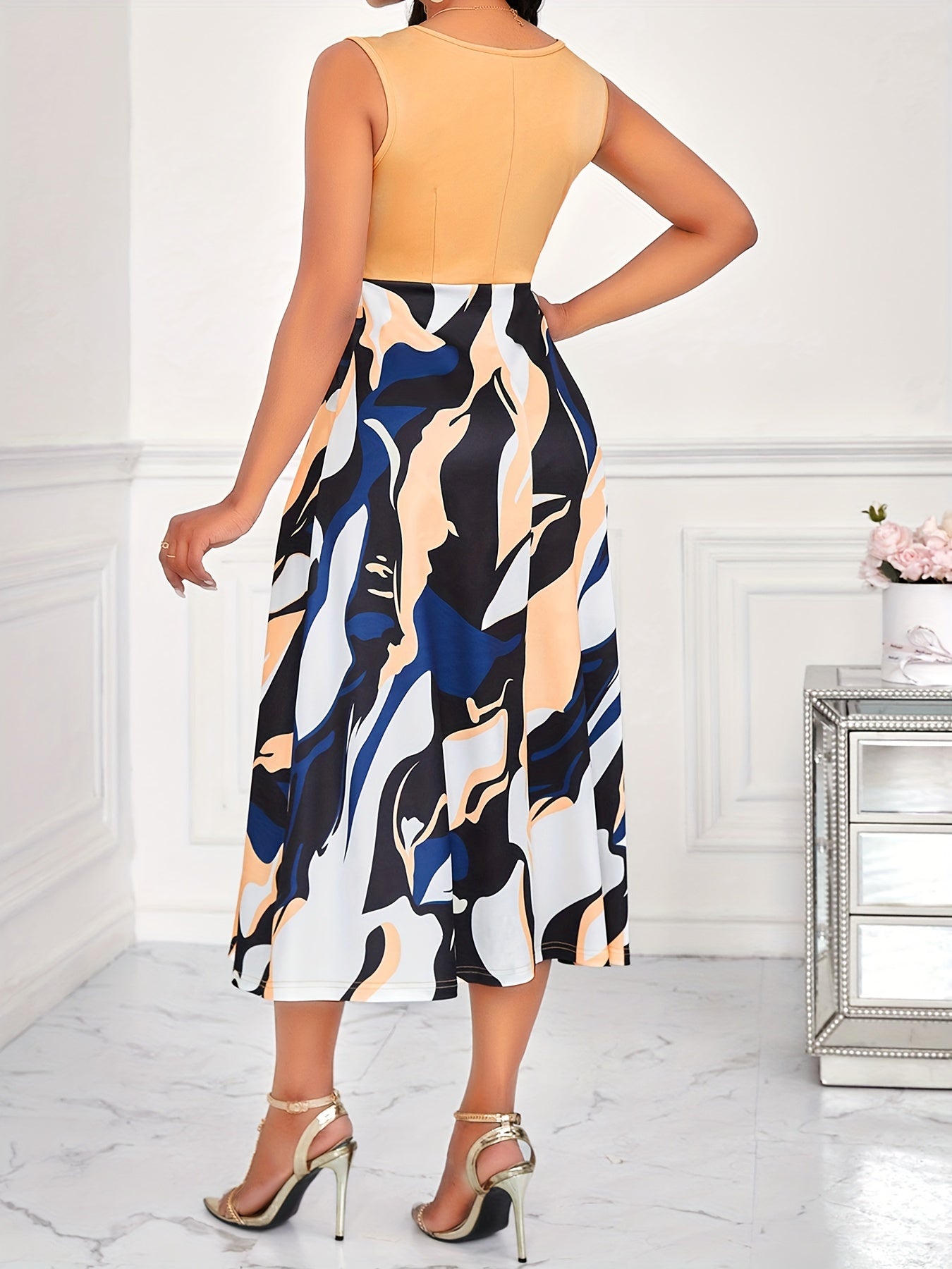Three-quarter Sleeve Open Front Top & Sleeveless A-line Tank Dress Set, Chic Abstract Print, Elegant Crew Neck Outfits for Women, Perfect for Casual to Dressy Occasions