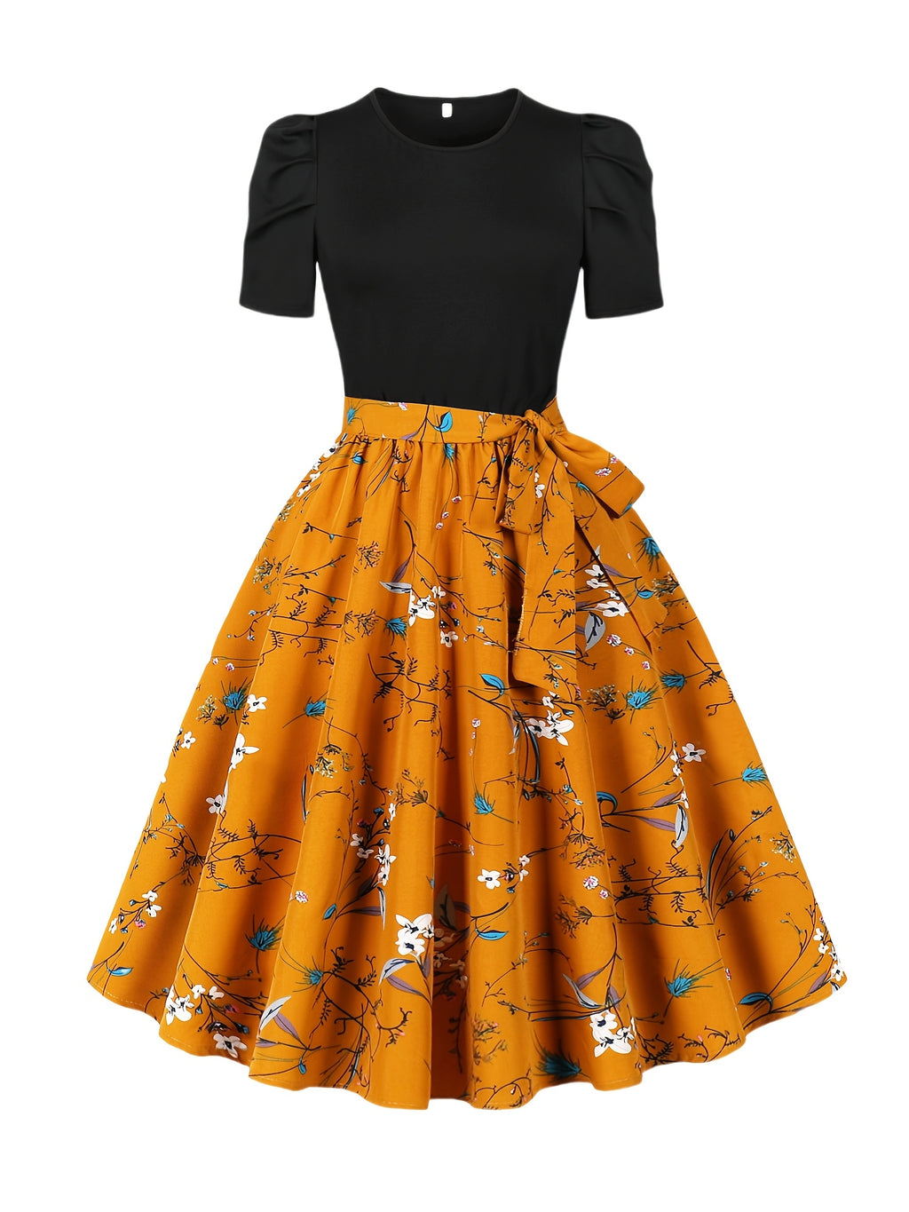 Women's Summer Floral Print Puff Sleeve Dress - Elastic Waist Knee-Length Party & Casual Dress with Orange/Blue/White/Black Pattern, Machine Washable, Cute Summer Dresses, Vacation Outfit, Evening Wear, Stretchable Fabric