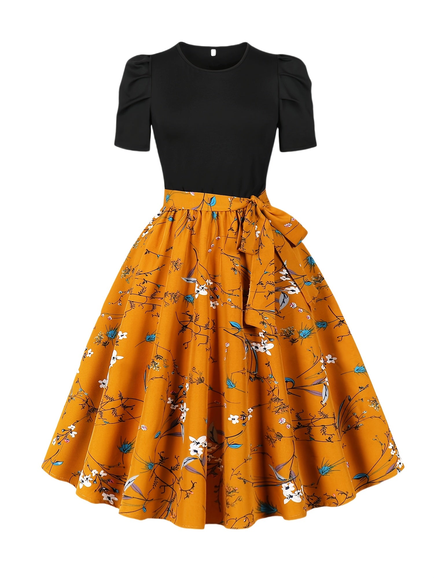 Women's Summer Floral Print Puff Sleeve Dress - Elastic Waist Knee-Length Party & Casual Dress with Orange/Blue/White/Black Pattern, Machine Washable, Cute Summer Dresses, Vacation Outfit, Evening Wear, Stretchable Fabric