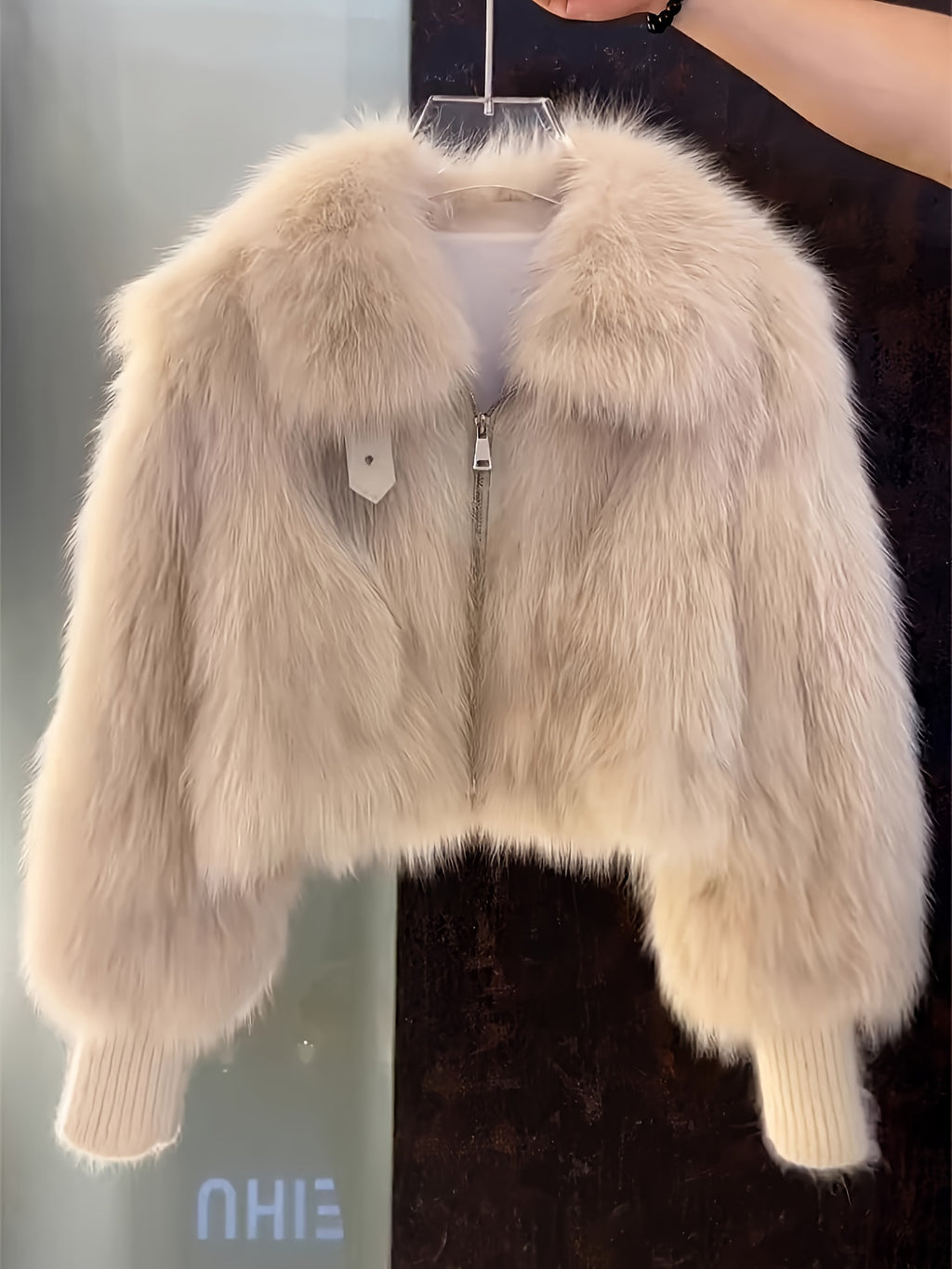 Women's Plush Faux-Fur Jacket with Hood-like Collar & - Winter Coat, Loose-Fit H-Line Silhouette, Single-Breasted Button Closure, White/Creamy Beige Fur Outerwear for Casual & Formal Events (No Belt, Hand Washable) - Luxe, Wi